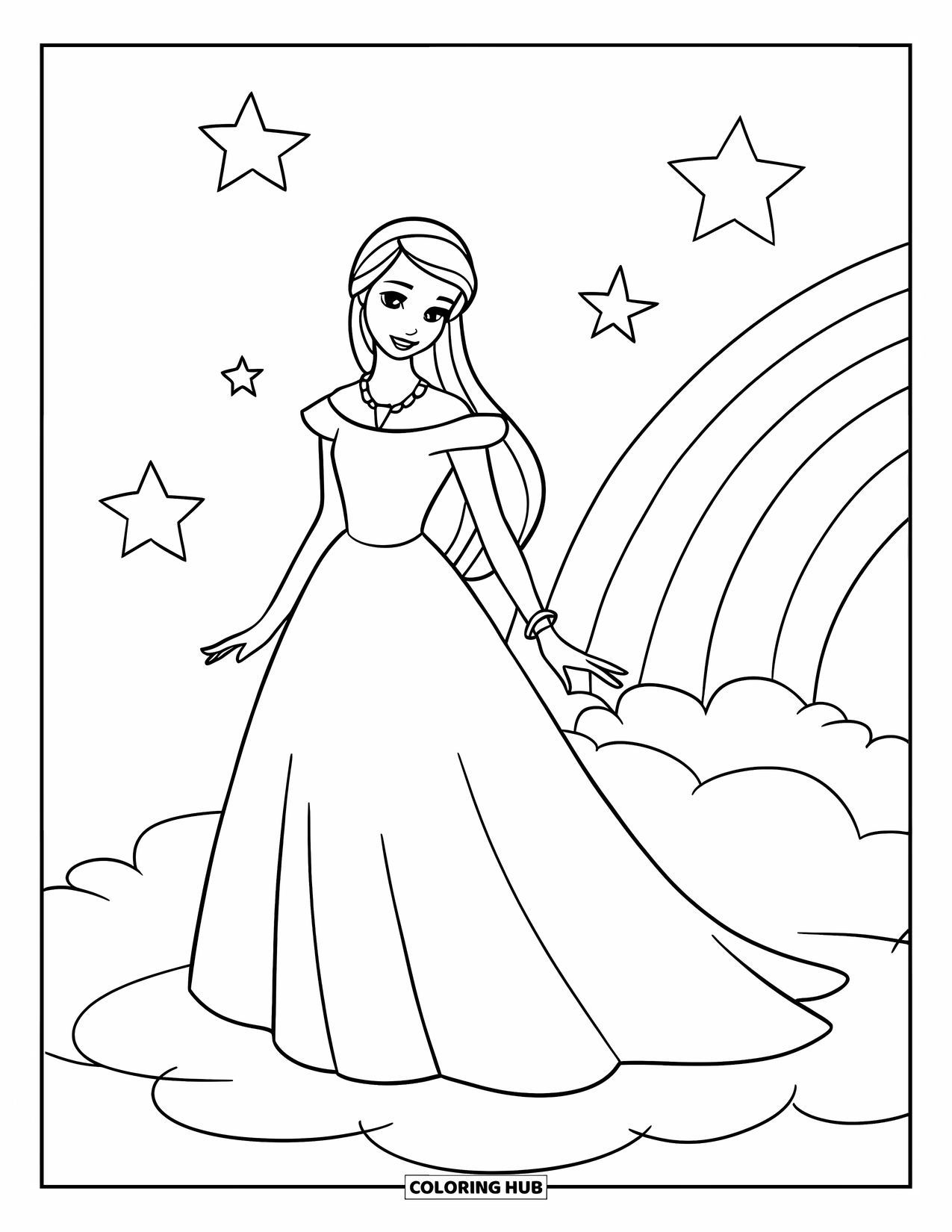 Kolorowanka z sukienką dla dzieci: Modelka w sukni i koronie stoi na chmurze z gwiazdami i tęczą