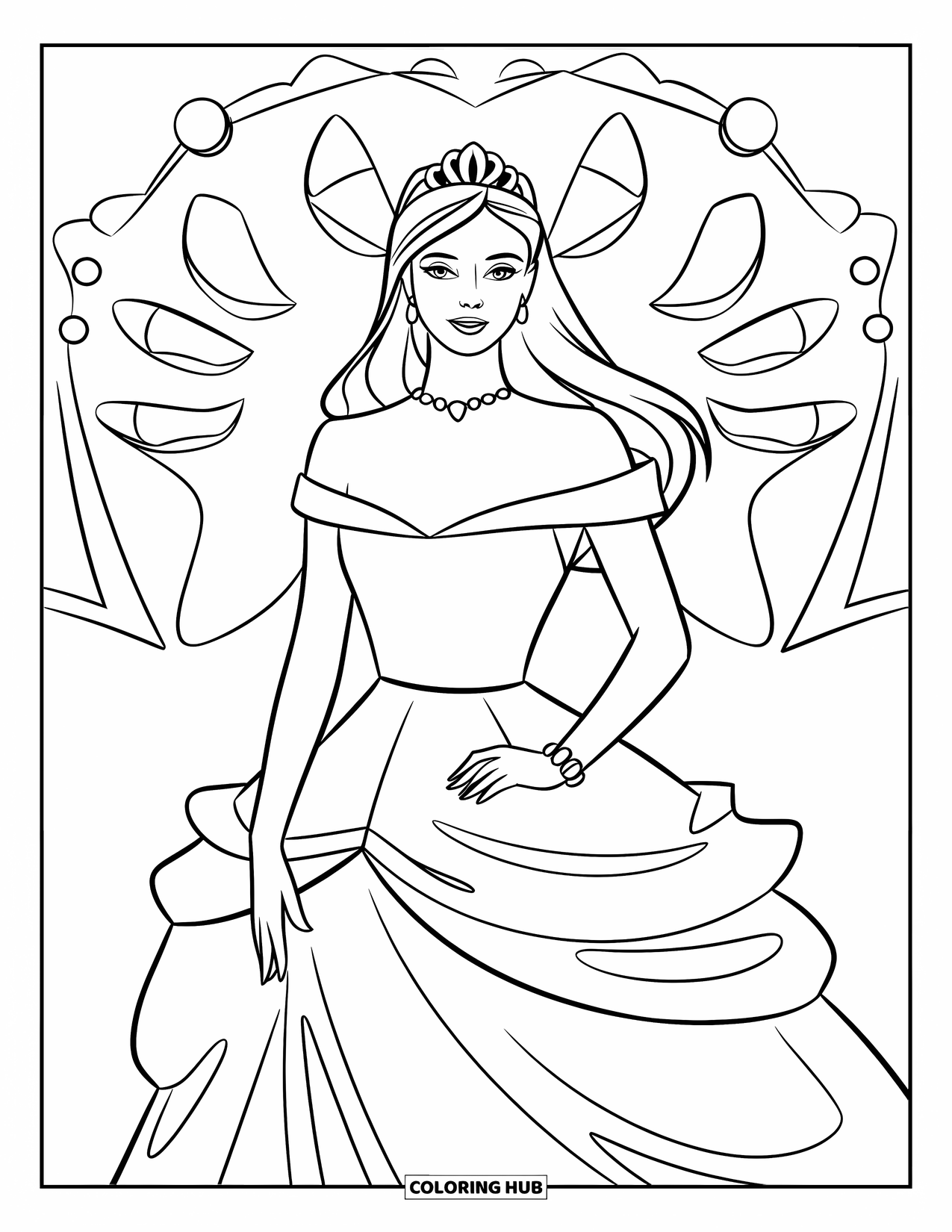 Kolorowanka z sukienką dla dzieci: Modelka w sukni z naszyjnikiem stoi z gracją na chmurze