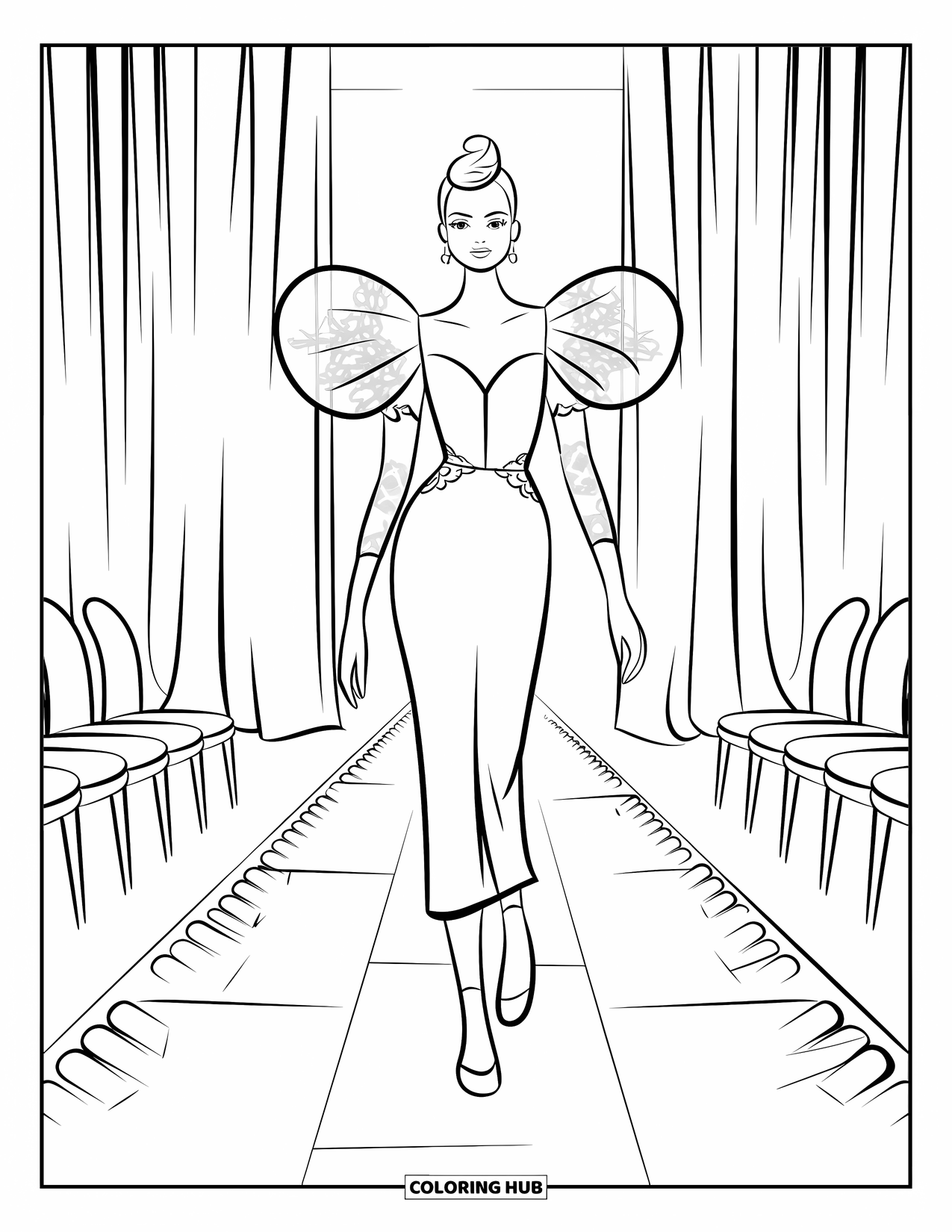 Kolorowanka z sukienką dla dzieci: Modelka w sukni z bufiastymi rękawami idzie po błyszczącym wybiegu pod światłami