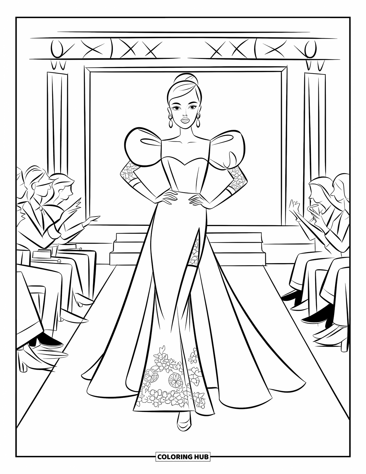 Kolorowanka z sukienką w stylu fashion dla dzieci: Modelka w sukni z bufiastymi rękawami idzie z gracją po czerwonym dywanie