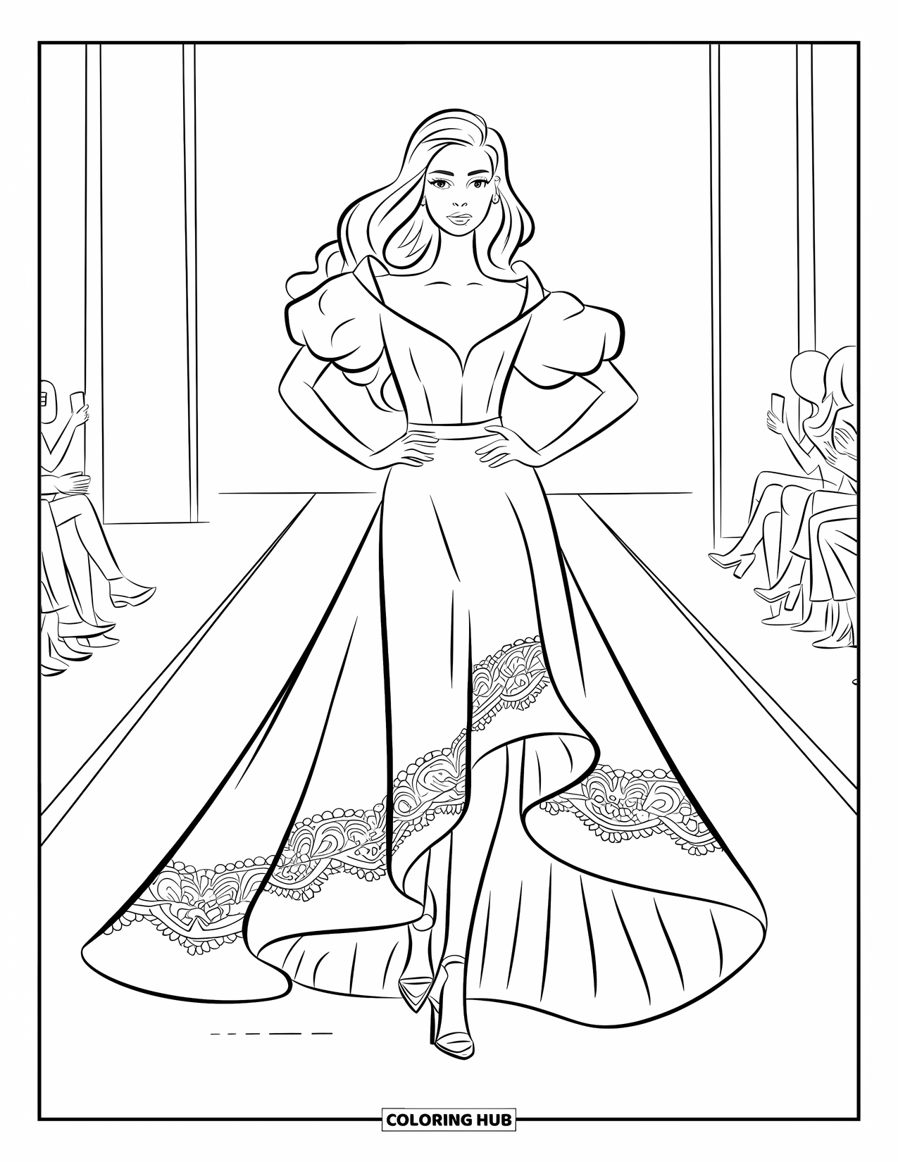 Kolorowanka z sukienką dla dzieci: Modelka w koronkowej sukni z bufiastymi rękawami pewnie idzie po wybiegu