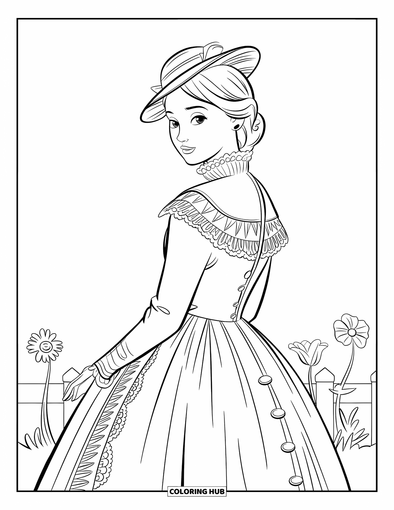 Kolorowanka z sukienką dla dzieci: Modelka w wiktoriańskiej sukience z koronkowymi wykończeniami stoi obok płotu i kwiatów