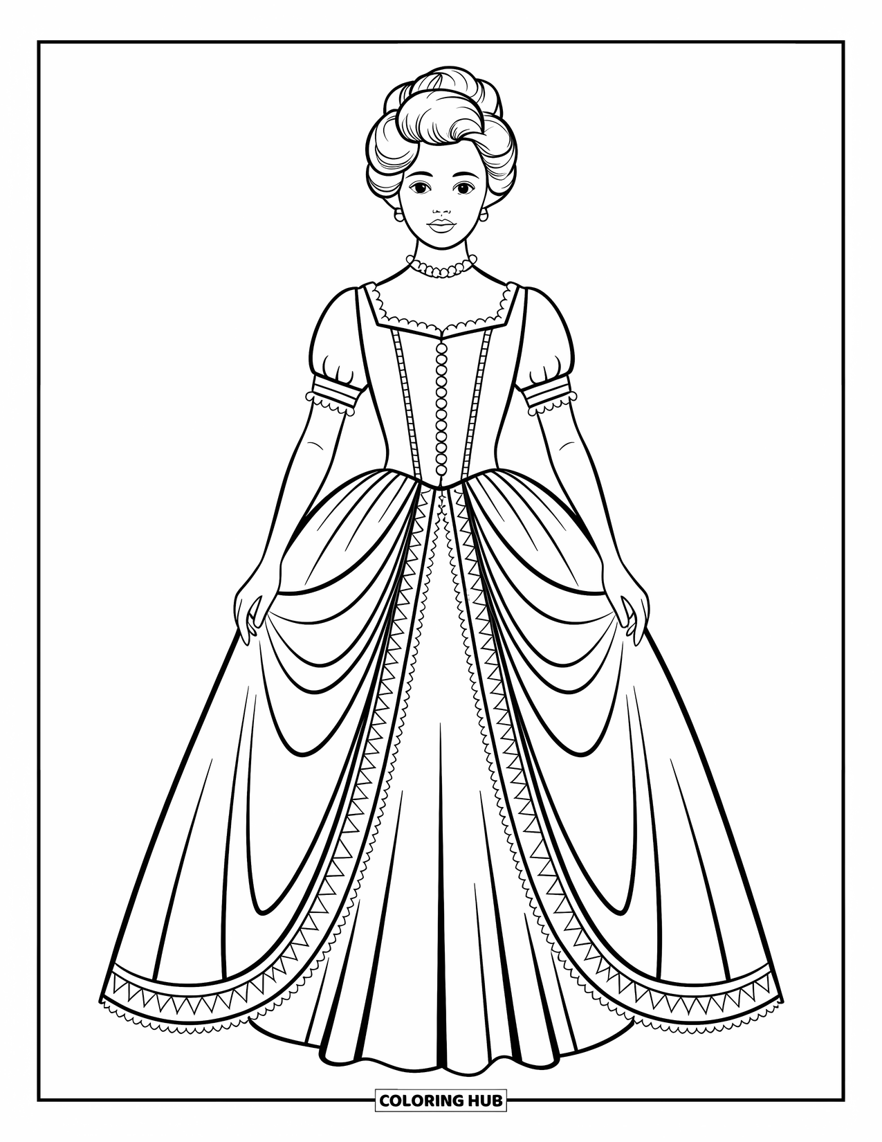 Kolorowanka z sukienką w stylu fashion dla dzieci: Modelka w wiktoriańskiej sukience z koronkowymi wykończeniami stoi z gracją na prostym tle