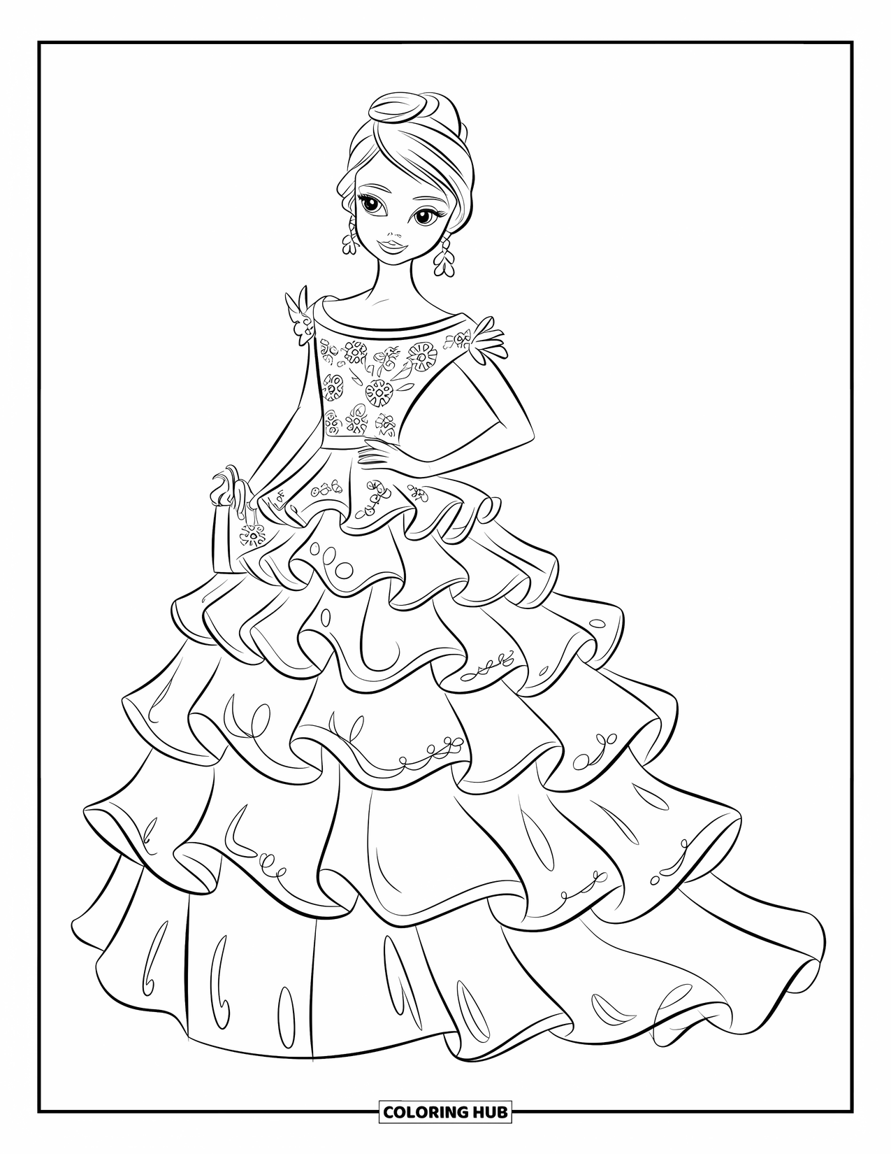 Kolorowanka z sukienką dla dzieci: Modelka w sukience z falbanami i kwiatowymi detalami stoi z gracją