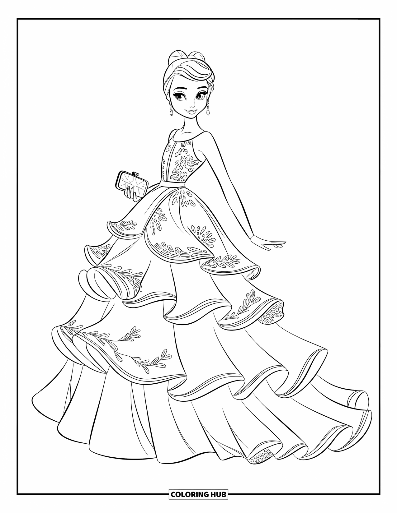 Kolorowanka z sukienką dla dzieci: Modelka w sukience z falbanami i kwiatowym haftem trzyma kopertówkę