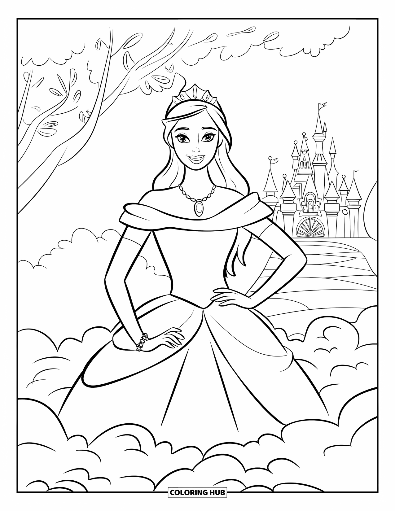 Kolorowanka z sukienką w stylu fashion dla dzieci: Modelka w prostej sukni z naszyjnikiem stoi na chmurze obok zamku