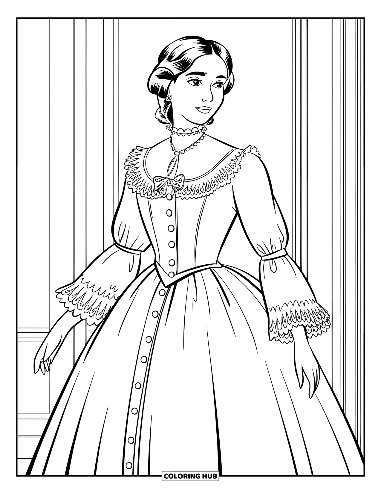 Kolorowanka z sukienką w stylu fashion dla dzieci: Modelka w wiktoriańskiej sukience z koronką i guzikami stoi przy oknie