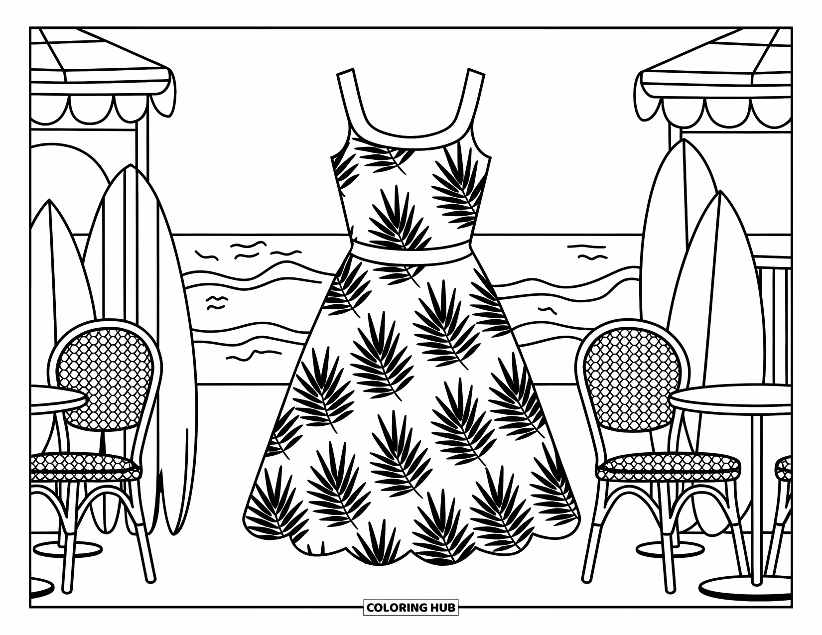 Kolorowanka z sukienką w stylu fashion dla dzieci: Sukienka z liści palmowych stoi w kawiarni z deskami surfingowymi i palmami na plaży