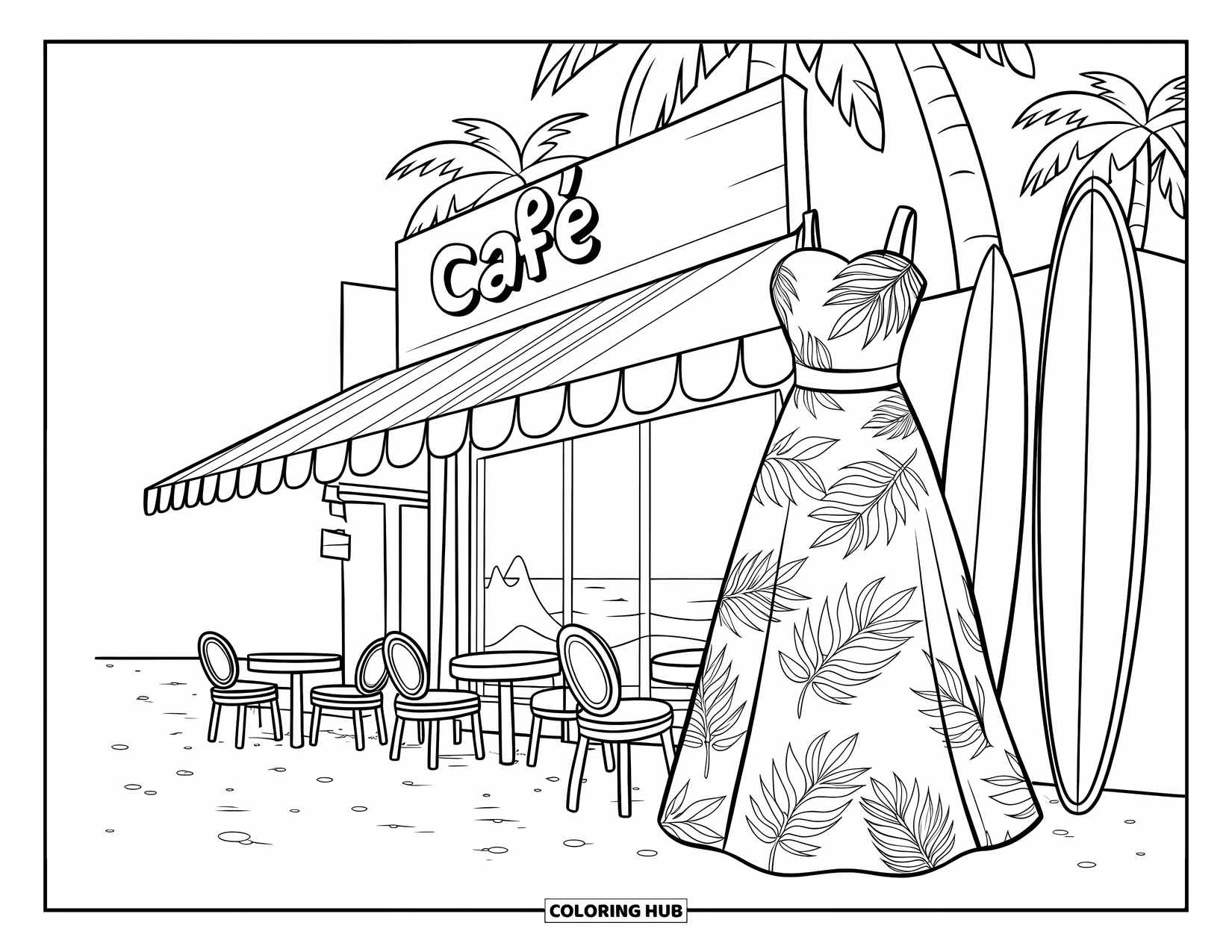 Kolorowanka z sukienką w stylu fashion dla dzieci: Sukienka z liści palmowych stoi w pobliżu kawiarni na plaży z deskami surfingowymi i palmami