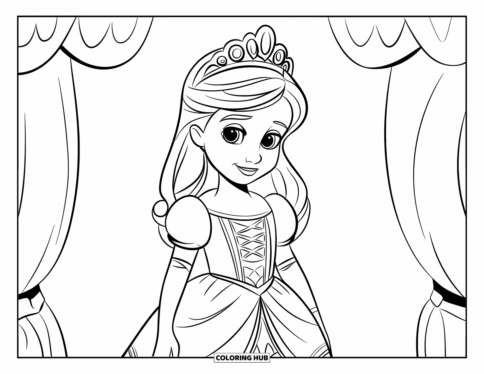 Kolorowanka z sukienką w stylu fashion dla dzieci: Księżniczka w sukience z białym kołnierzykiem stoi z tiarą na głowie