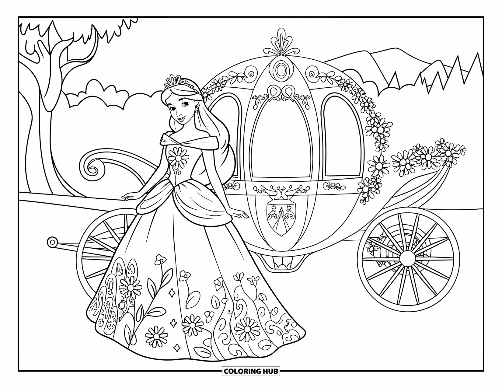 Kolorowanka z sukienką w stylu fashion dla dzieci: Księżniczka w sukience z motywem pnączy stoi w pobliżu królewskiej karety