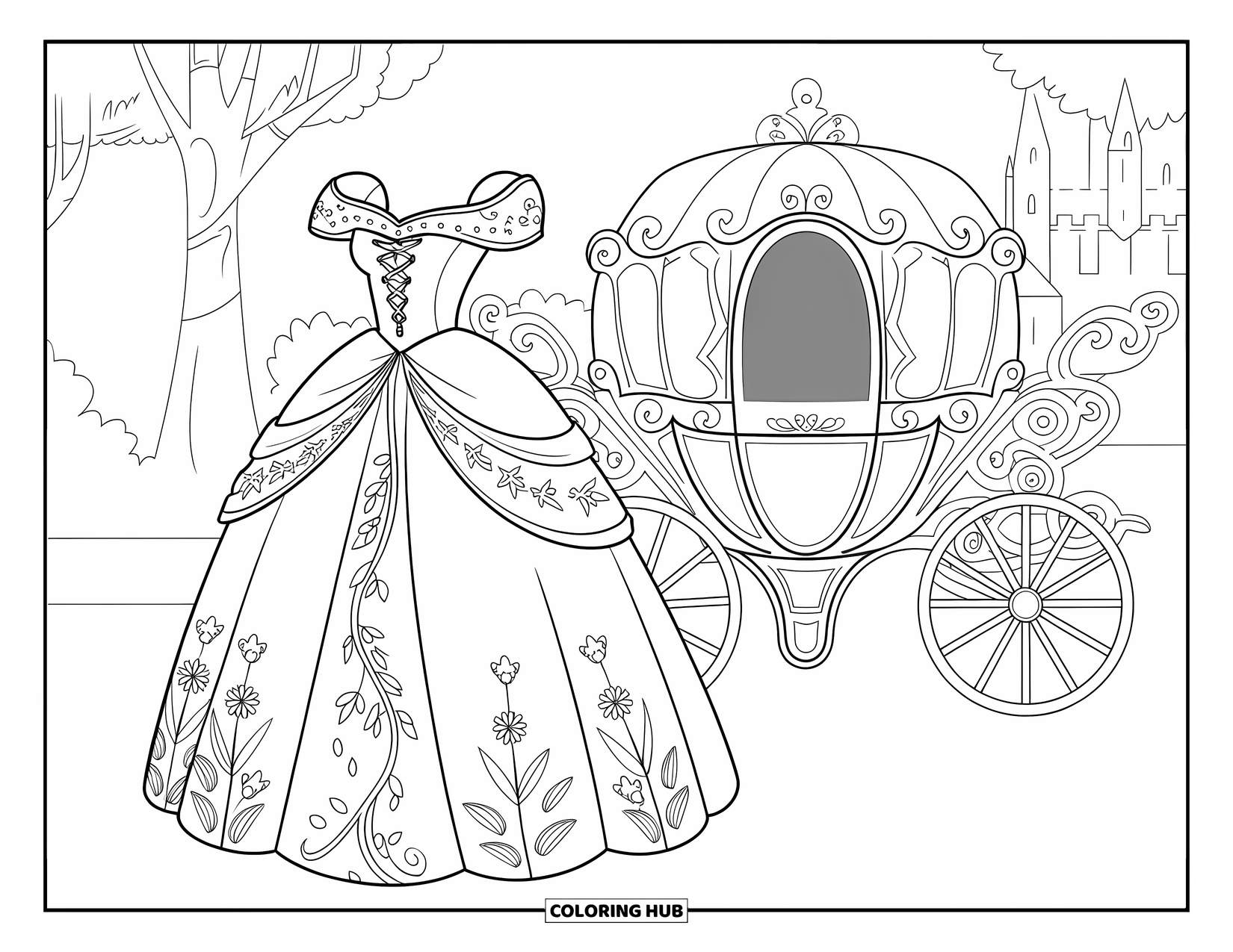 Kolorowanka z sukienką w stylu fashion dla dzieci: Księżniczka w kwiecistej sukience pozuje przy karecie z zamkiem w pobliżu