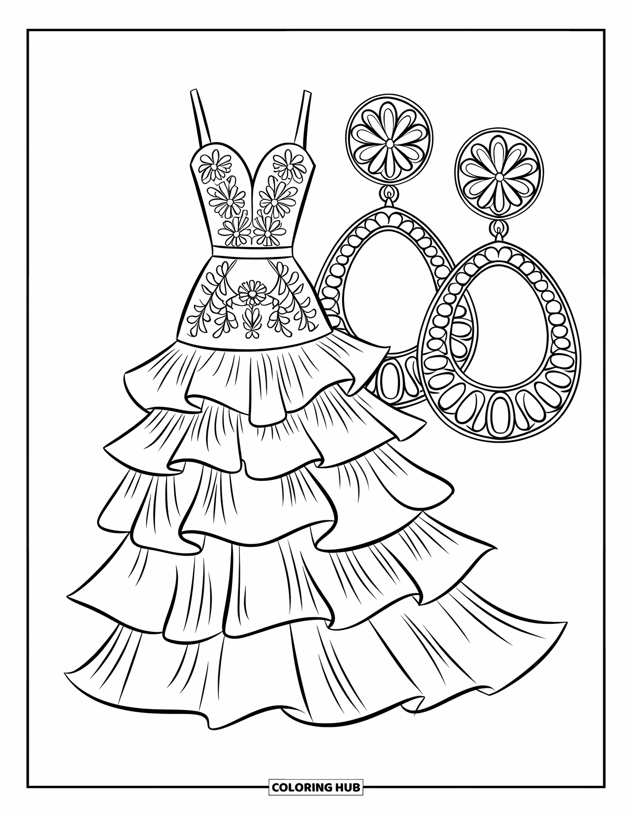 Kolorowanka z sukienką w stylu fashion dla dzieci: Sukienka z falbankami i kwiatowymi detalami jest zestawiona z wyrazistymi kolczykami