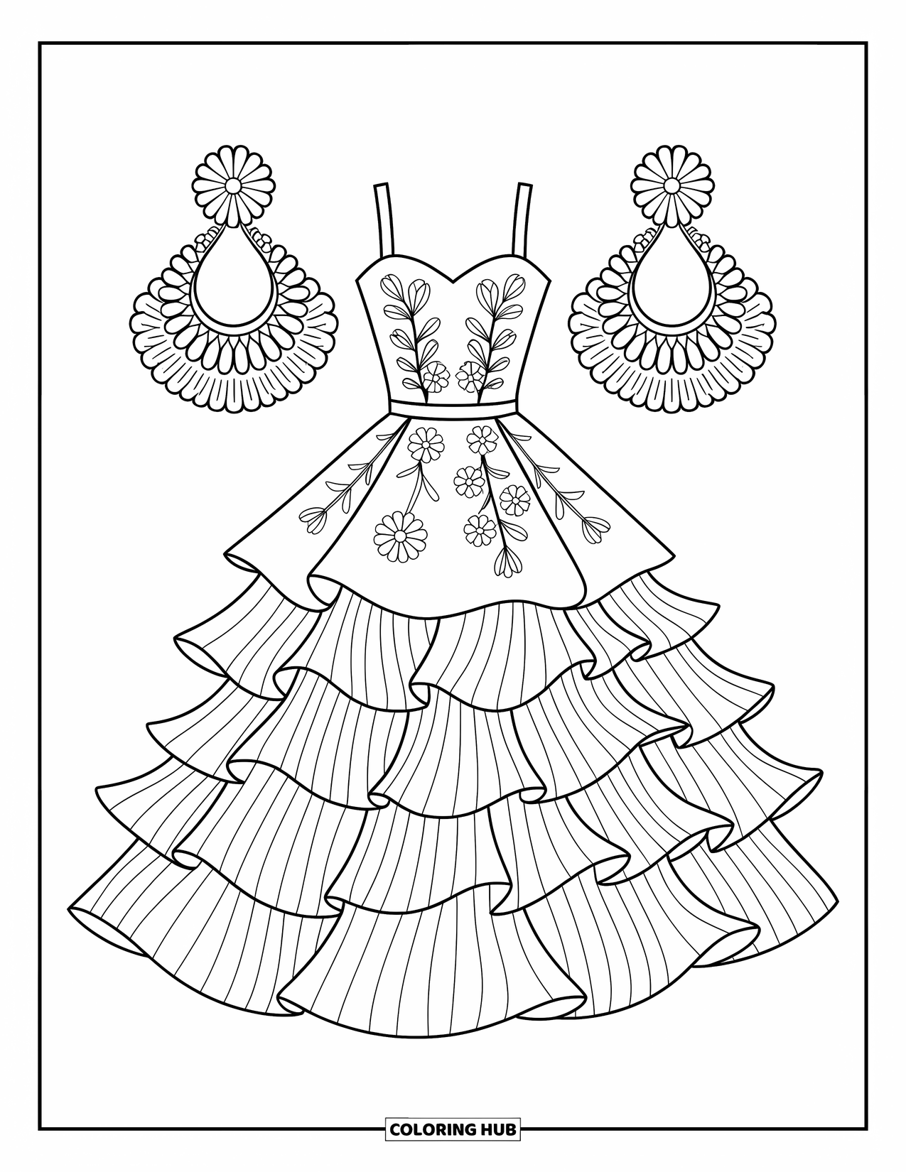 Kolorowanka z sukienką w stylu fashion dla dzieci: Sukienka z falbankami i kwiatowymi detalami stoi obok odważnych kolczyków