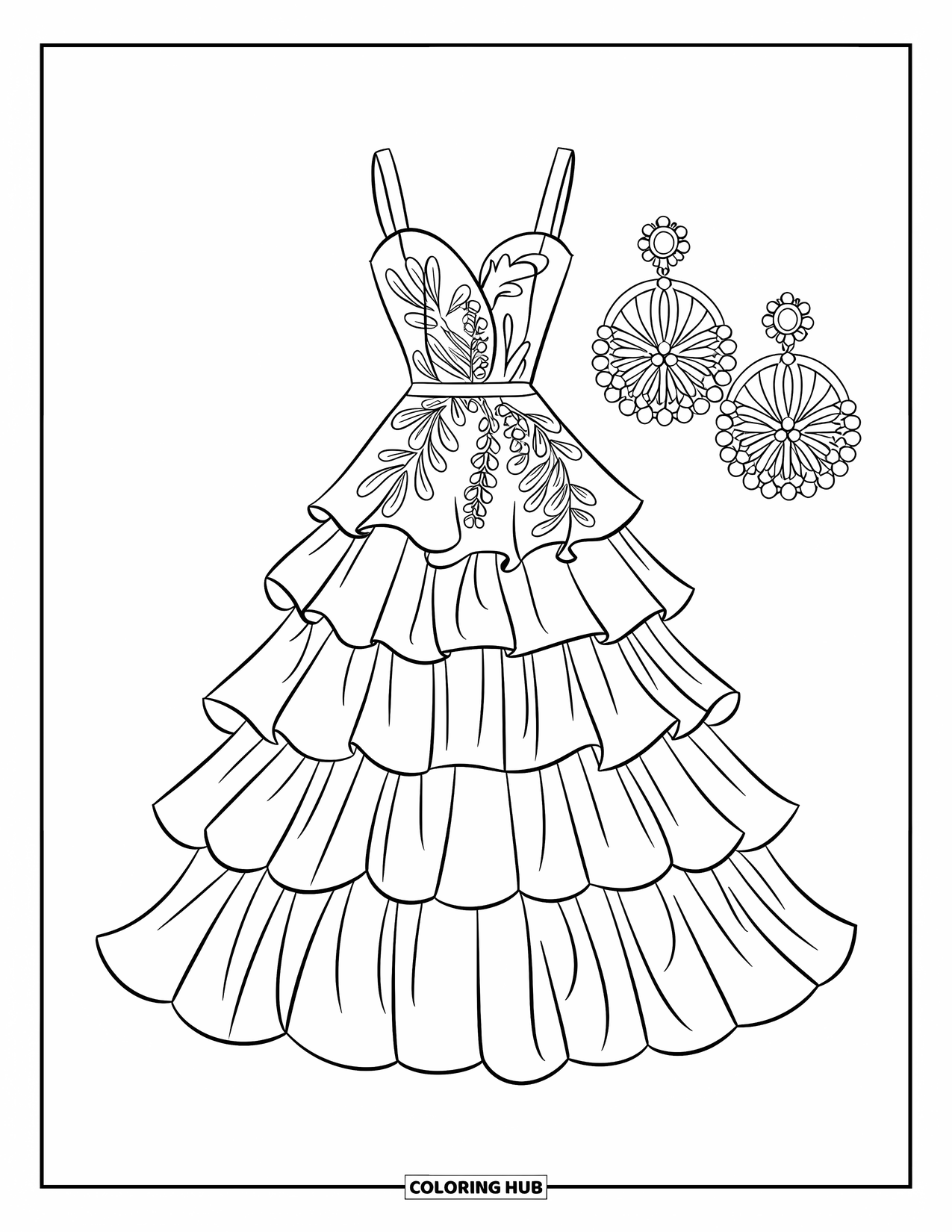 Kolorowanka z sukienką w stylu fashion dla dzieci: Sukienka z falbankami i kwiatowym haftem jest stylizowana z odważnymi kolczykami