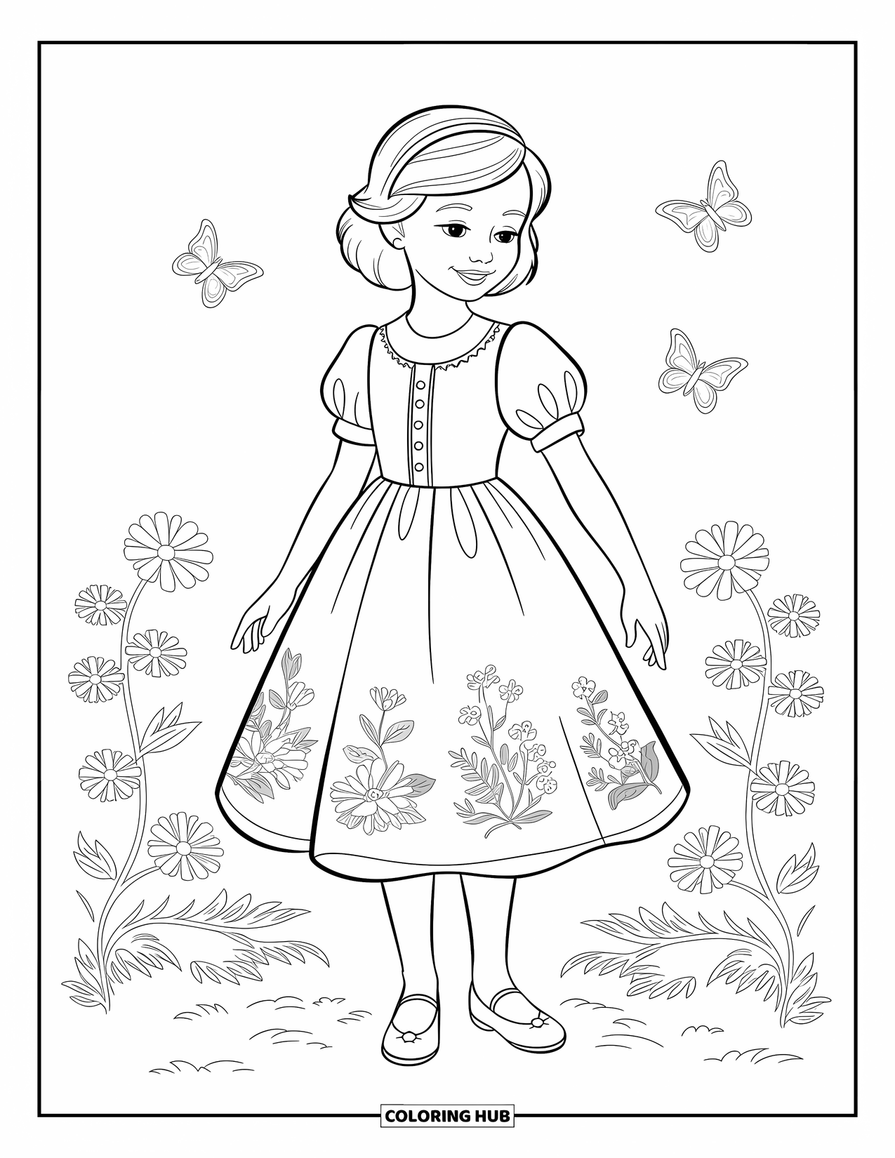 Kolorowanka z sukienką w stylu fashion dla dzieci: Sukienka do kolan z bufiastymi rękawami i kwiatowymi wzorami stoi na trawiastym polu
