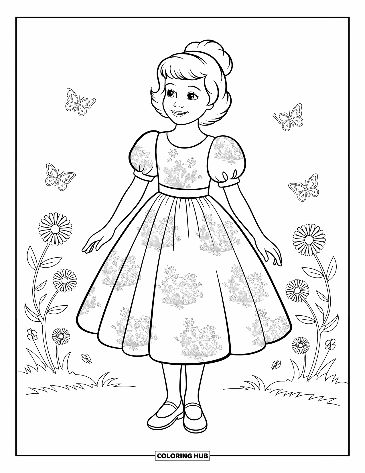 Kolorowanka z sukienką dla dzieci: Sukienka do połowy łydki we wzory toile i bufiastymi rękawami stoi na białym tle