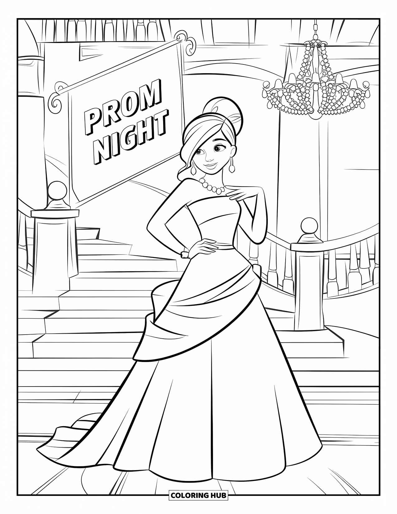 Kolorowanka z sukienką dla dzieci: Nastolatka w sukni pozuje w pobliżu schodów podczas balu maturalnego