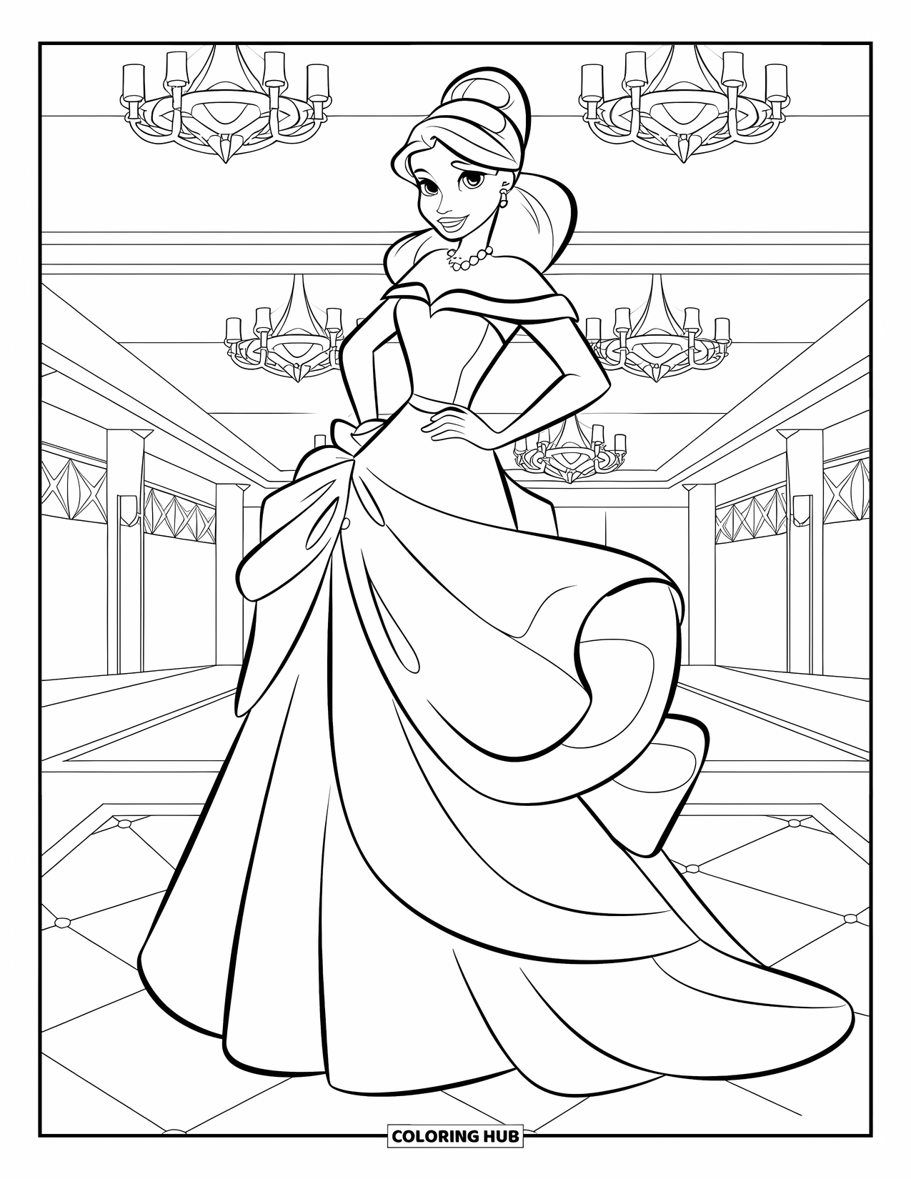 Kolorowanka z sukienką dla dzieci: Nastolatka w sukni stoi z gracją na balu maturalnym pod żyrandolami