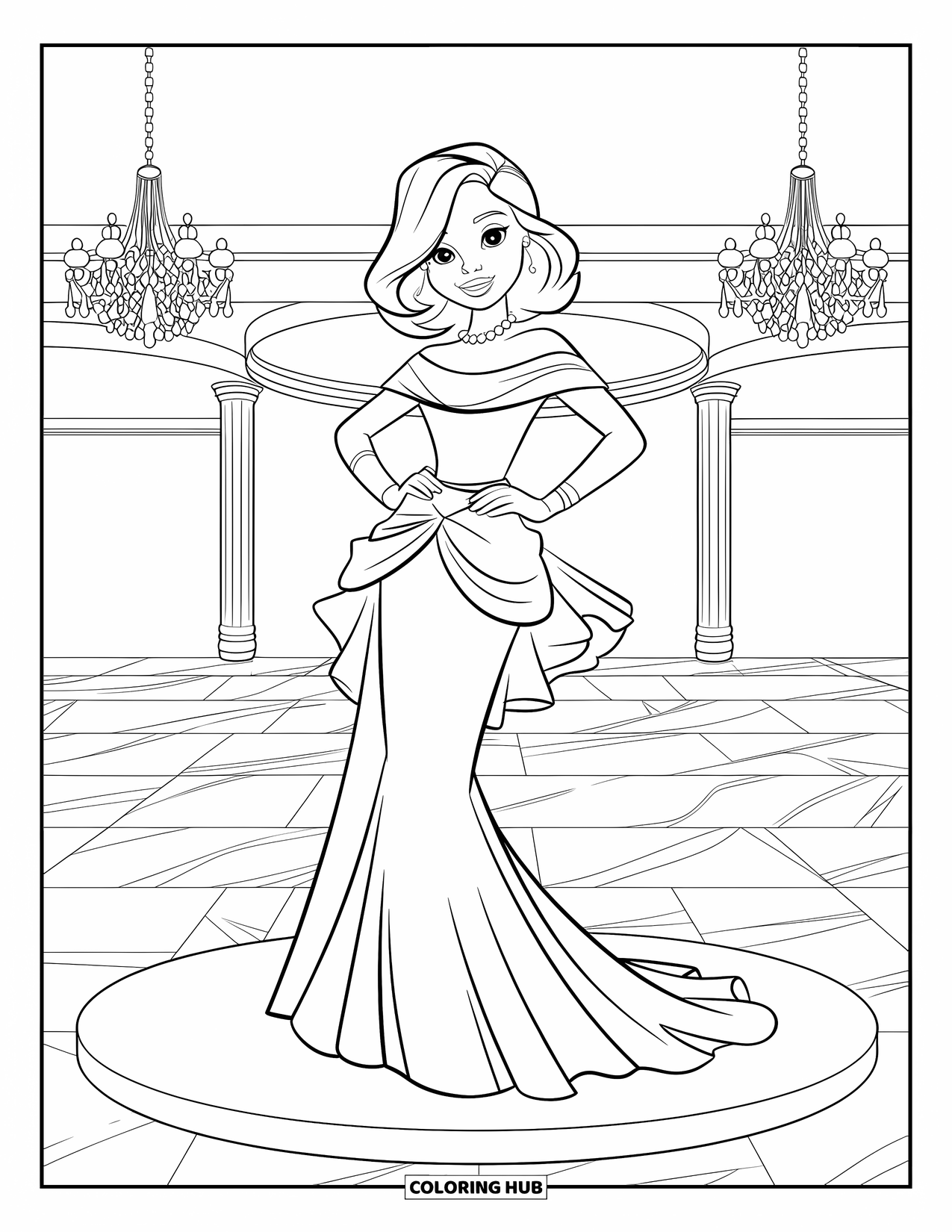 Kolorowanka z sukienką w stylu fashion dla dzieci: Nastolatka w sukni stoi na platformie podczas balu maturalnego w sali balowej