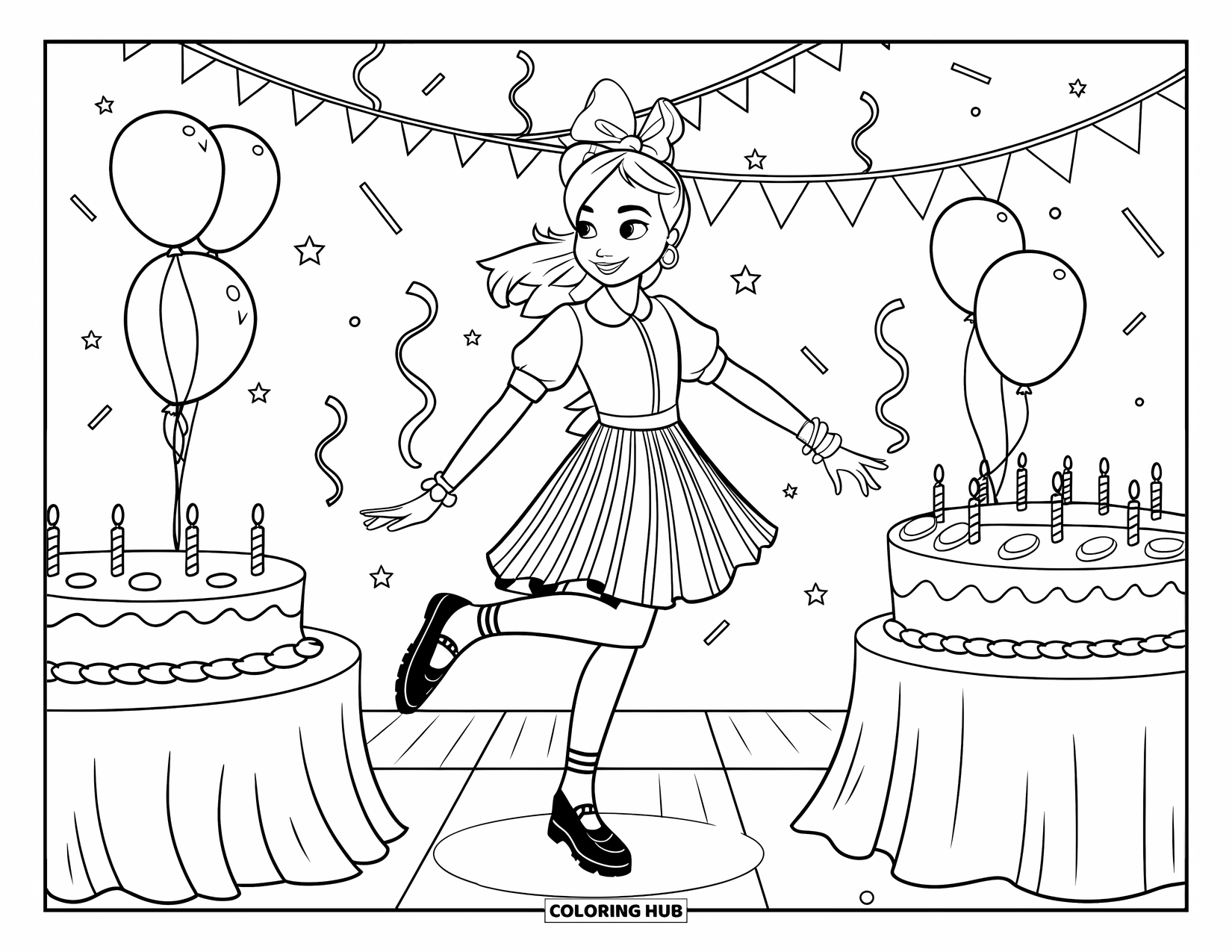 Kolorowanka z sukienką w stylu fashion dla dzieci: Nastolatka w plisowanej sukience tańczy radośnie na urodzinowym przyjęciu