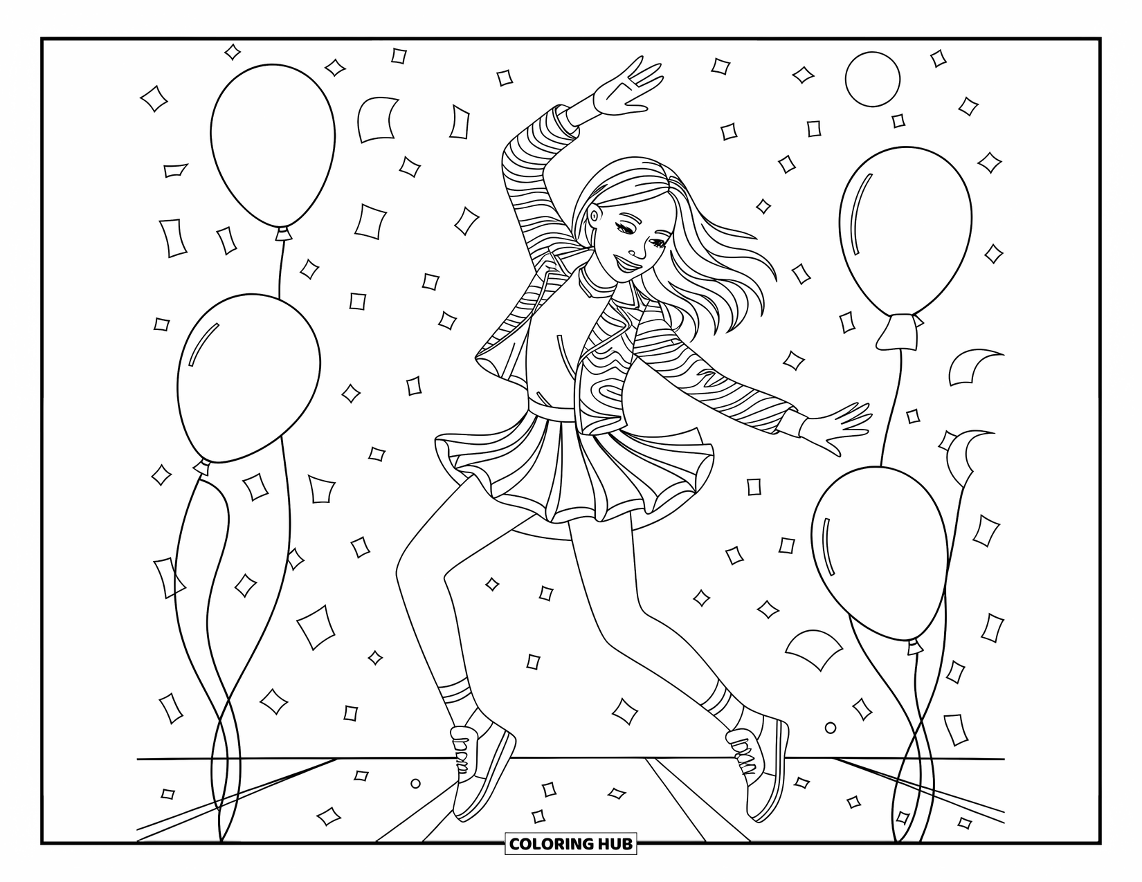 Kolorowanka z sukienką w stylu fashion dla dzieci: Nastolatka w modnym stroju tańczy na imprezie z balonami i konfetti