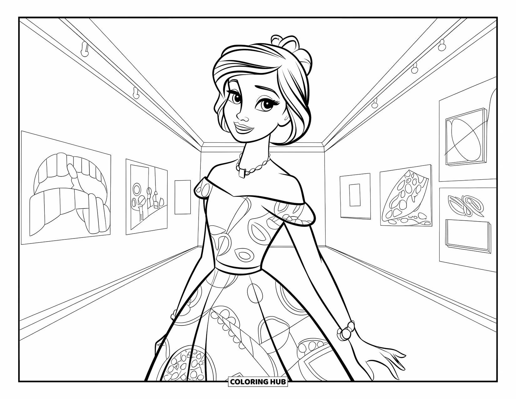 Kolorowanka z sukienką w stylu fashion dla dzieci: Nastolatka w artystycznej sukience podziwia obrazy w galerii sztuki