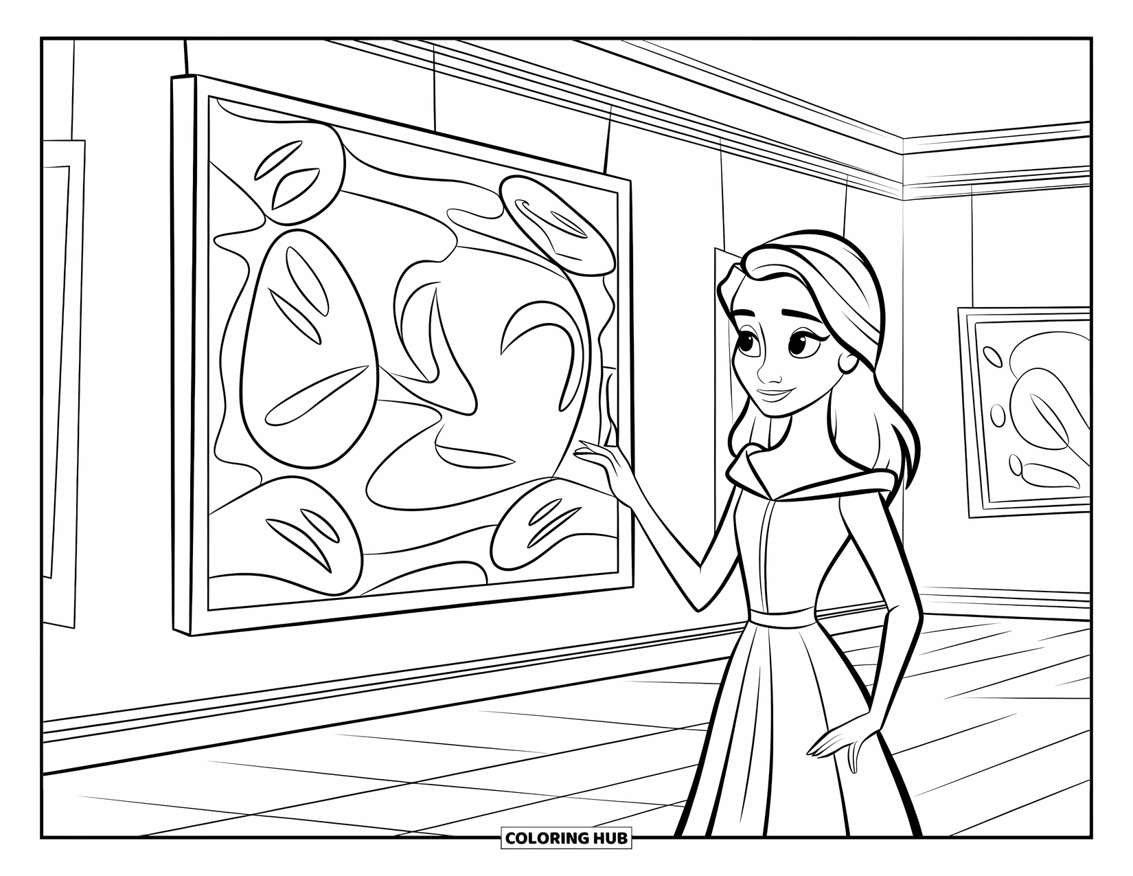 Kolorowanka z sukienką w stylu fashion dla dzieci: Nastolatka w eleganckiej sukience stoi przed odważnym, abstrakcyjnym obrazem