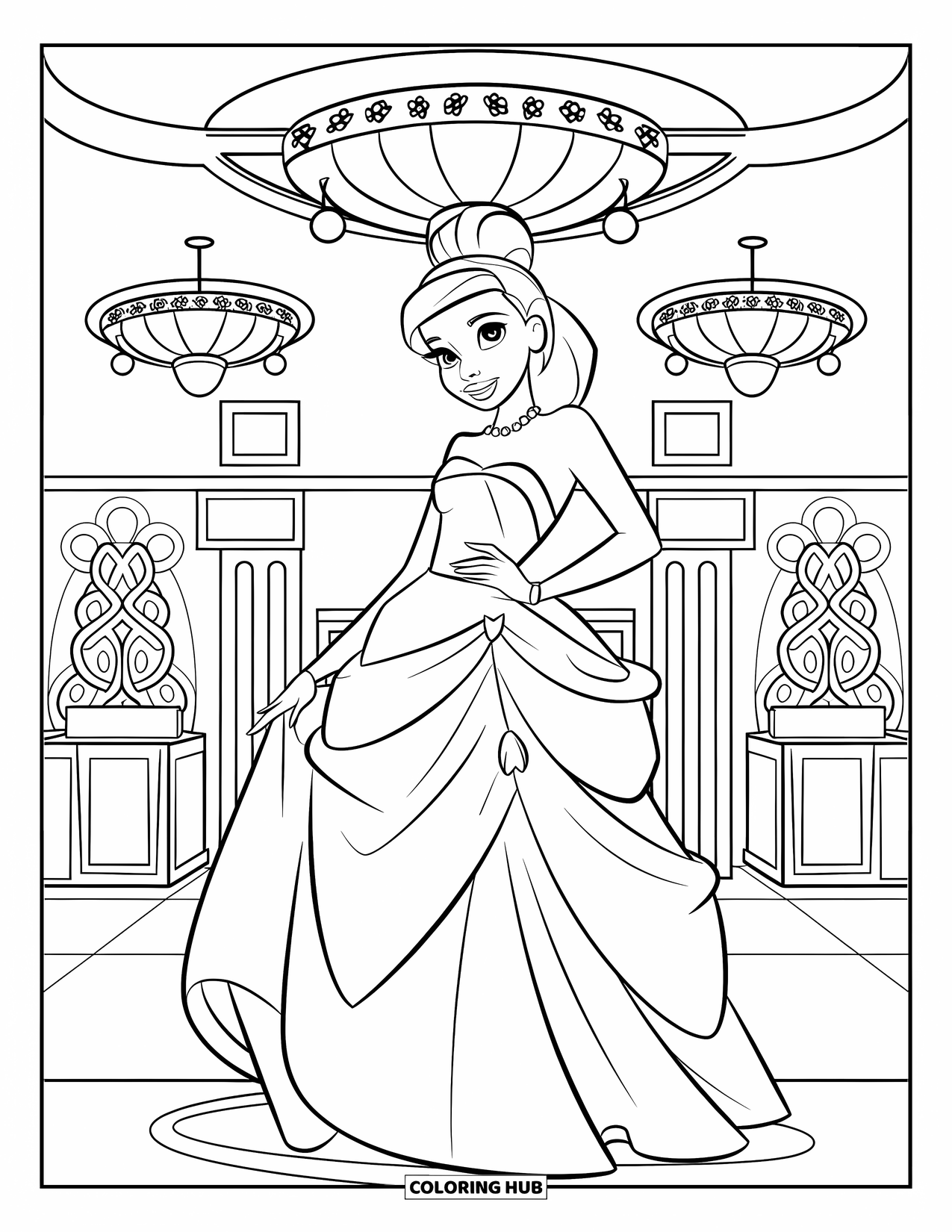 Kolorowanka z sukienką w stylu fashion dla dzieci: Nastolatka pozuje elegancko w sukni na balu maturalnym w sali balowej