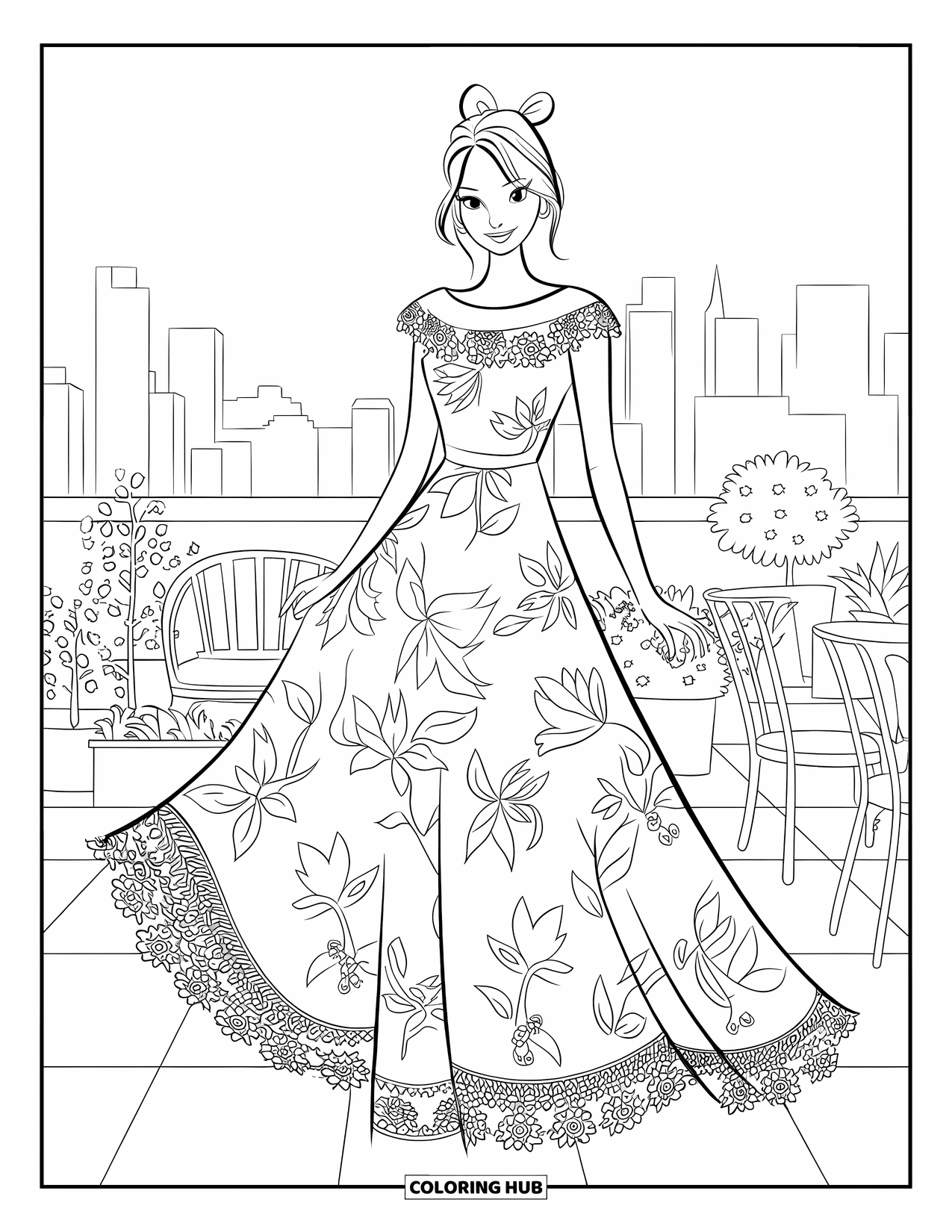 Kolorowanka z sukienką dla dzieci: Kobieta w kwiatowej sukience stoi na eleganckim przyjęciu na dachu z roślinami i krzesłami