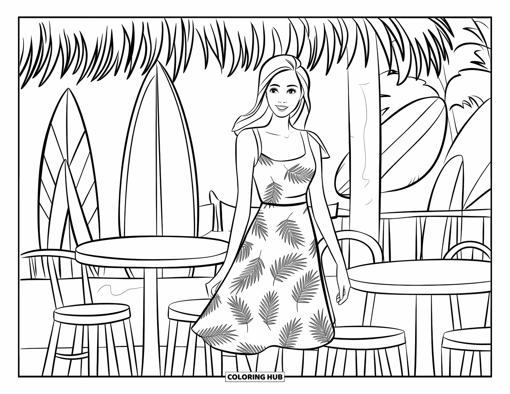 Kolorowanka z sukienką w stylu fashion dla dzieci: Kobieta w sukience z liści palmowych stoi obok desek surfingowych w kawiarni na plaży