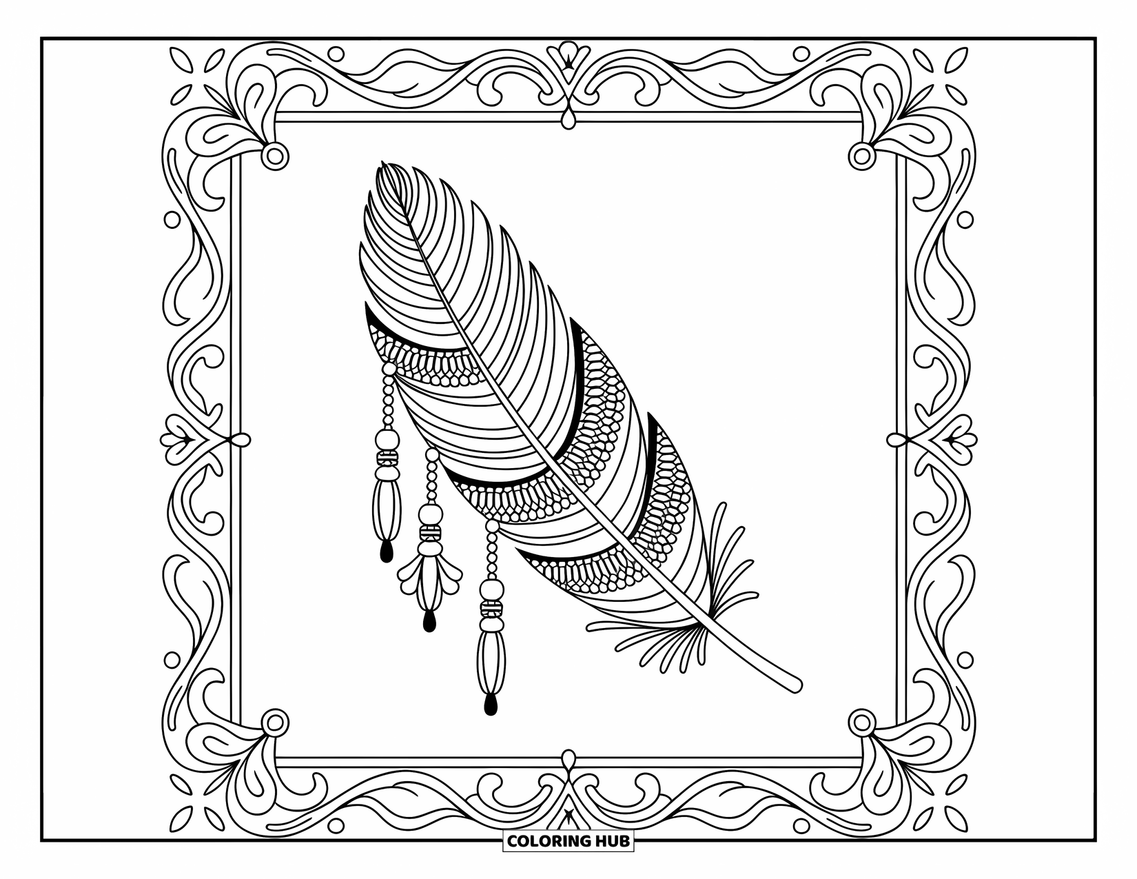 Desenho de pena para colorir para adultos: Uma pena boho com contas, cordões e padrões florais