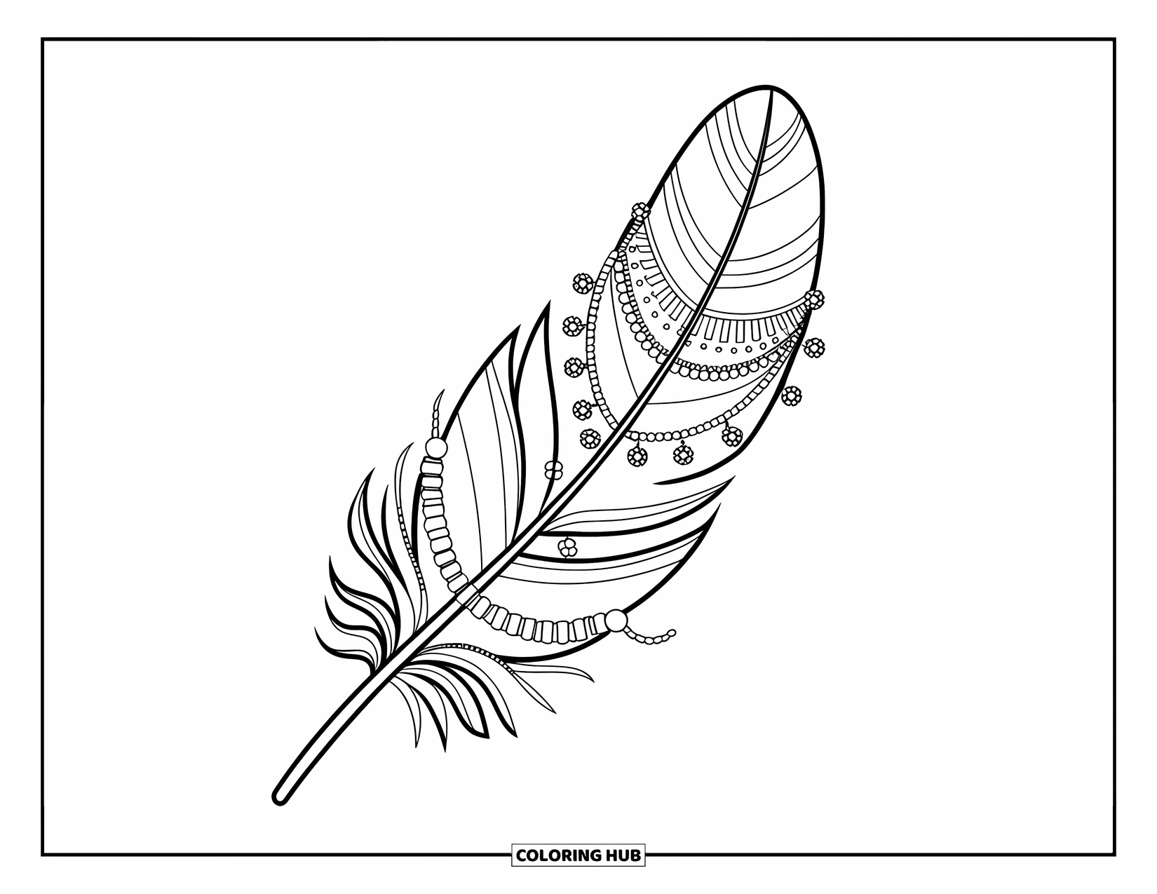 Desenho de pena para colorir para adultos: Uma pena estilo boho com contas e detalhes florais