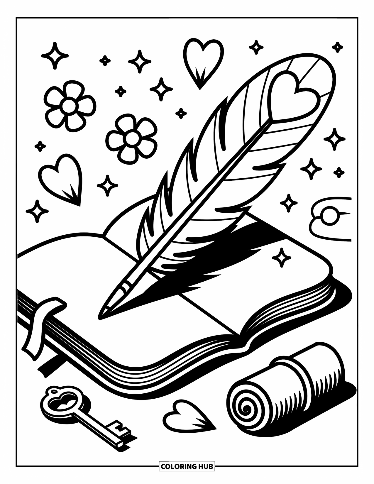 Desenho de pena para colorir para adultos: Uma pena de escrever fofa com uma chave e um pergaminho por perto