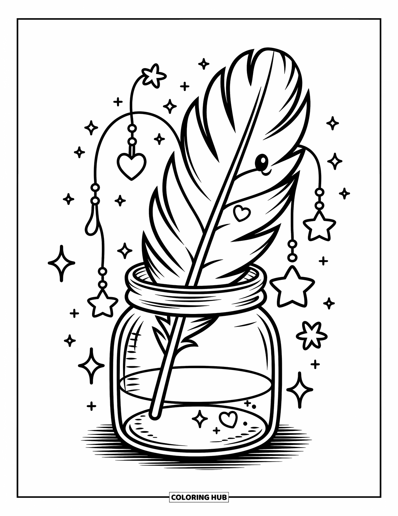 Desenho de pena para colorir para adultos: Uma pena dentro de um frasco com amuletos de estrela e coração