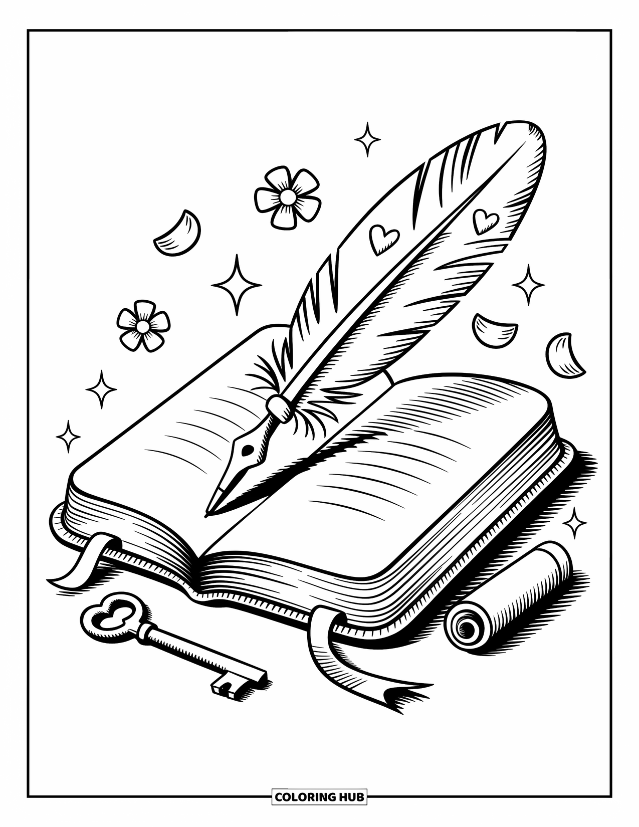 Desenho de pena para colorir para adultos: Uma pena de escrever com desenhos de coração ao lado de uma pequena chave
