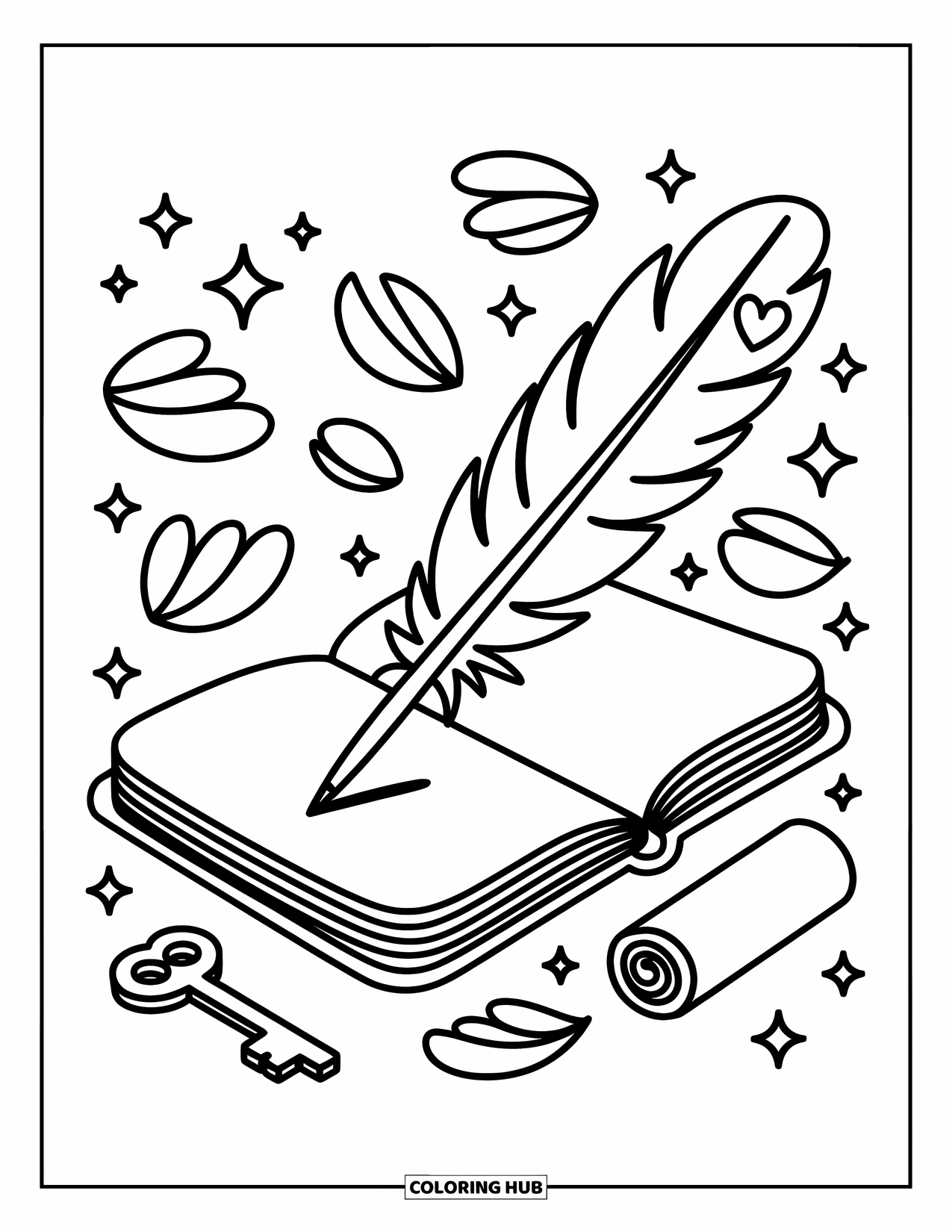 Desenho de pena para colorir para adultos: Uma pena de escrever com detalhes de coração em um caderno aberto