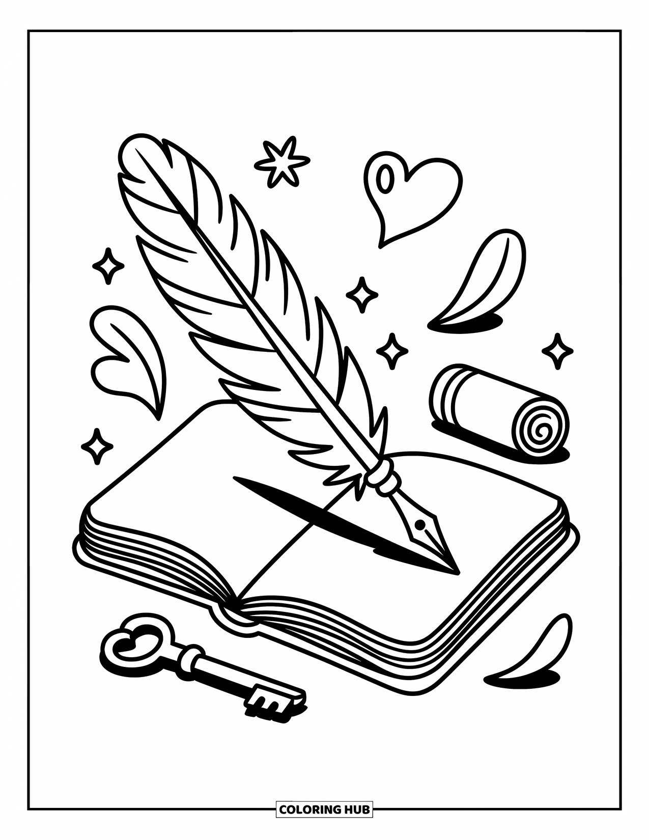 Desenho de pena para colorir para adultos: Uma pena de escrever com corações, um pergaminho e pequenos brilhos