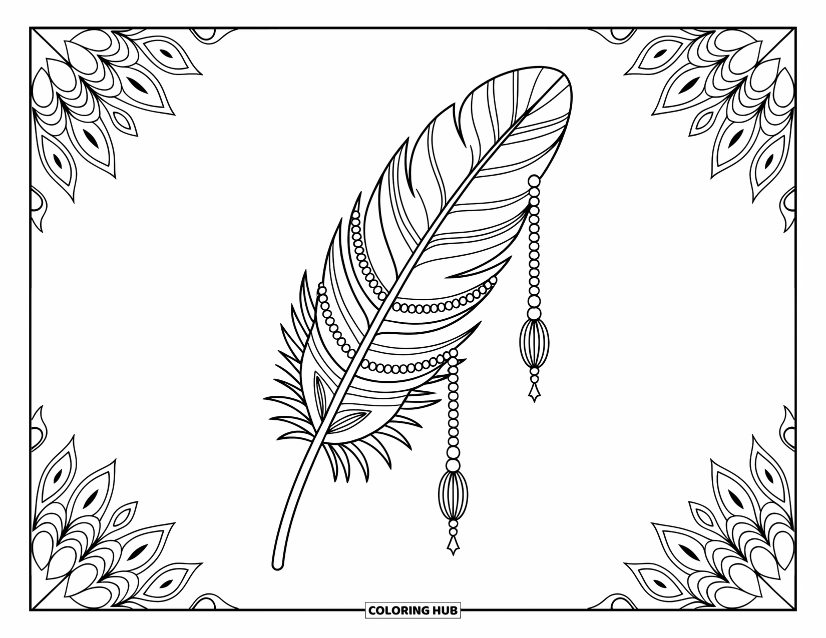 Desenho de pena para colorir para adultos: Uma pena com contas e desenhos florais cercada por bordas intrincadas