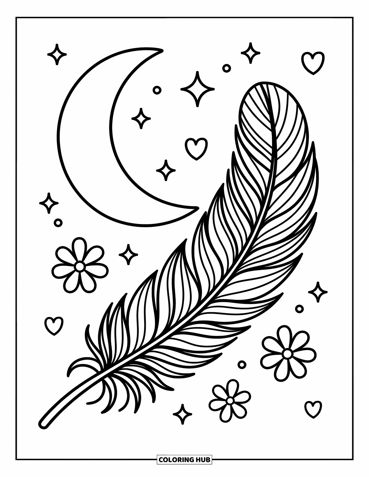 Desenho de pena para colorir para adultos: Uma pena com padrões florais encostada em uma lua crescente