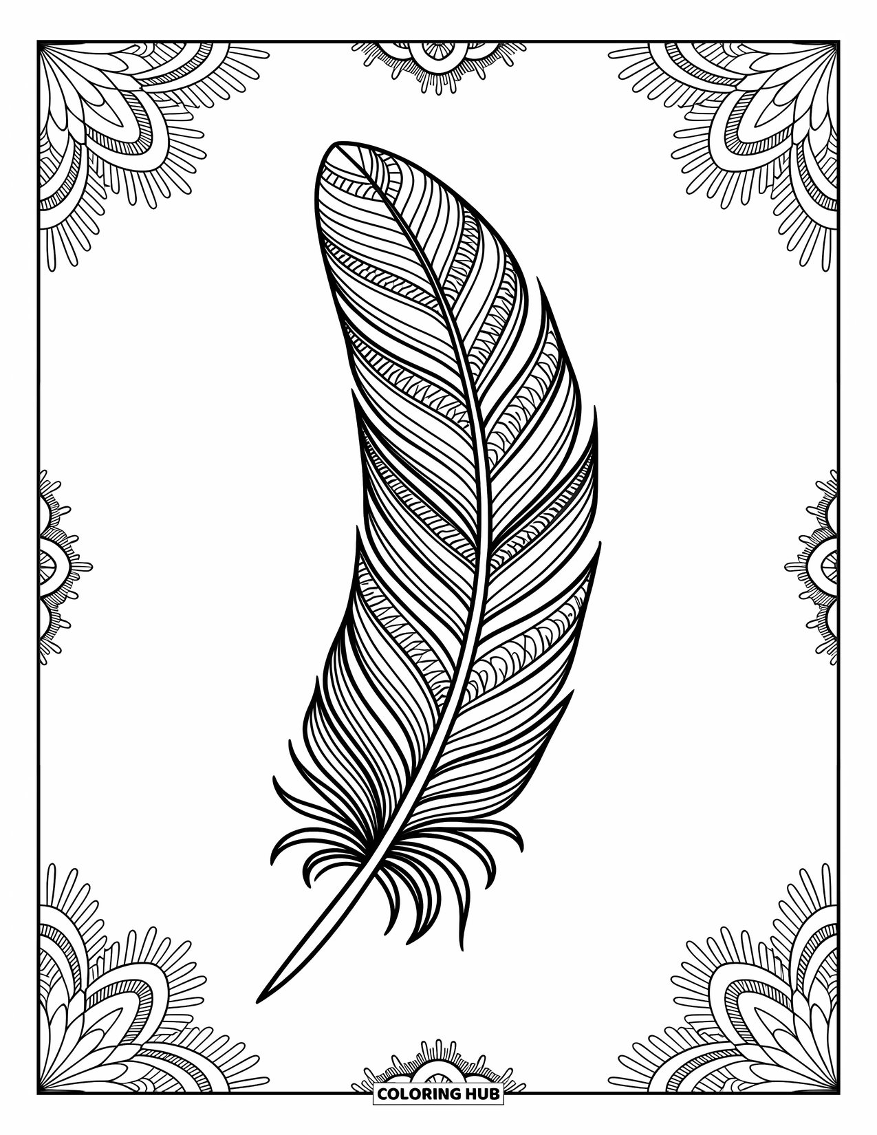 Desenho de pena para colorir para adultos: Uma pena com padrões de mandala e detalhes intrincados