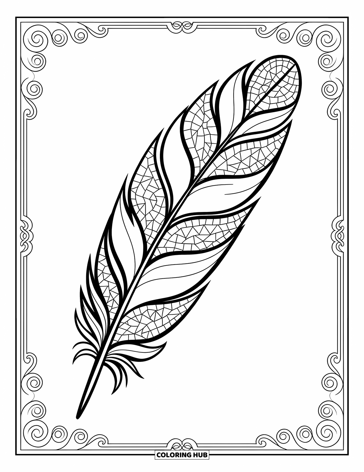 Desenho de pena para colorir para adultos: Uma pena com padrões de mosaico cercada por bordas decorativas