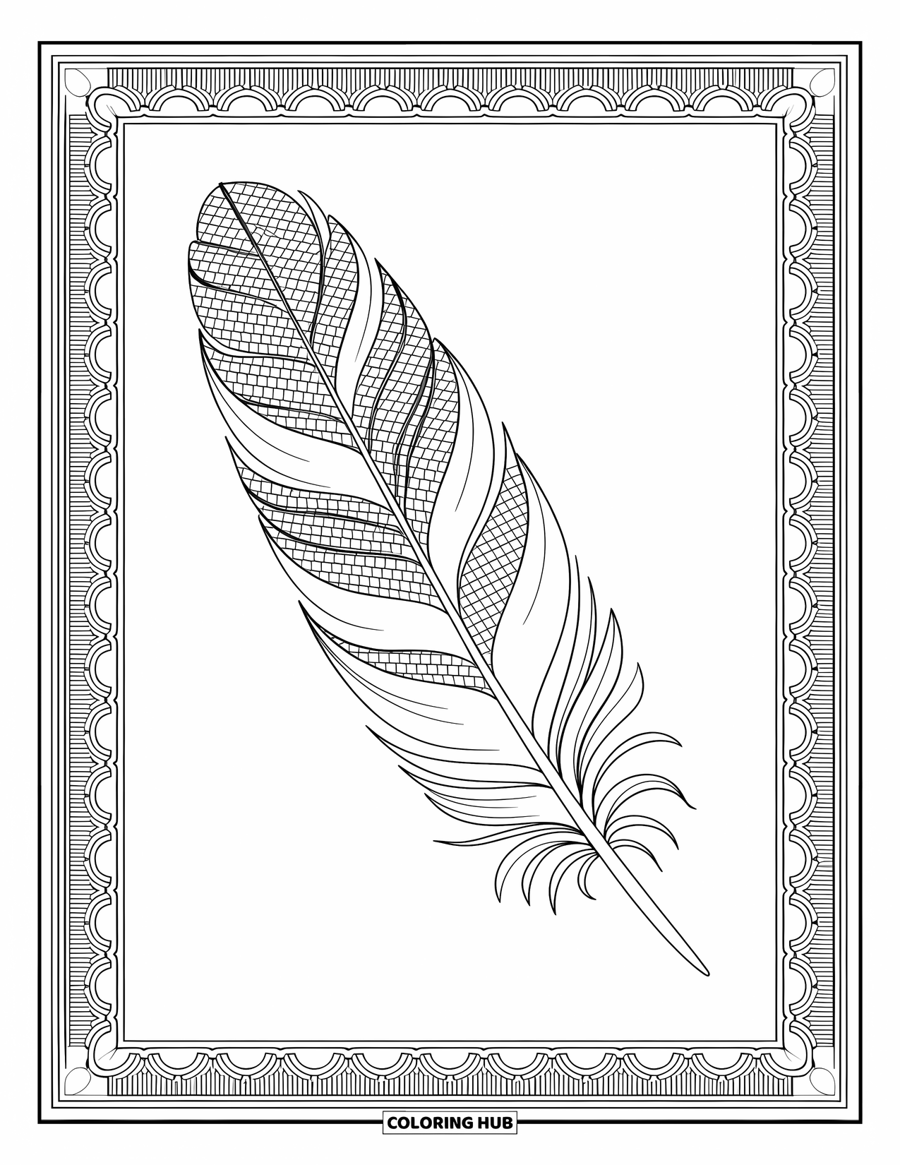 Desenho de pena para colorir para adultos: Uma pena com seções em estilo mosaico e linhas finas