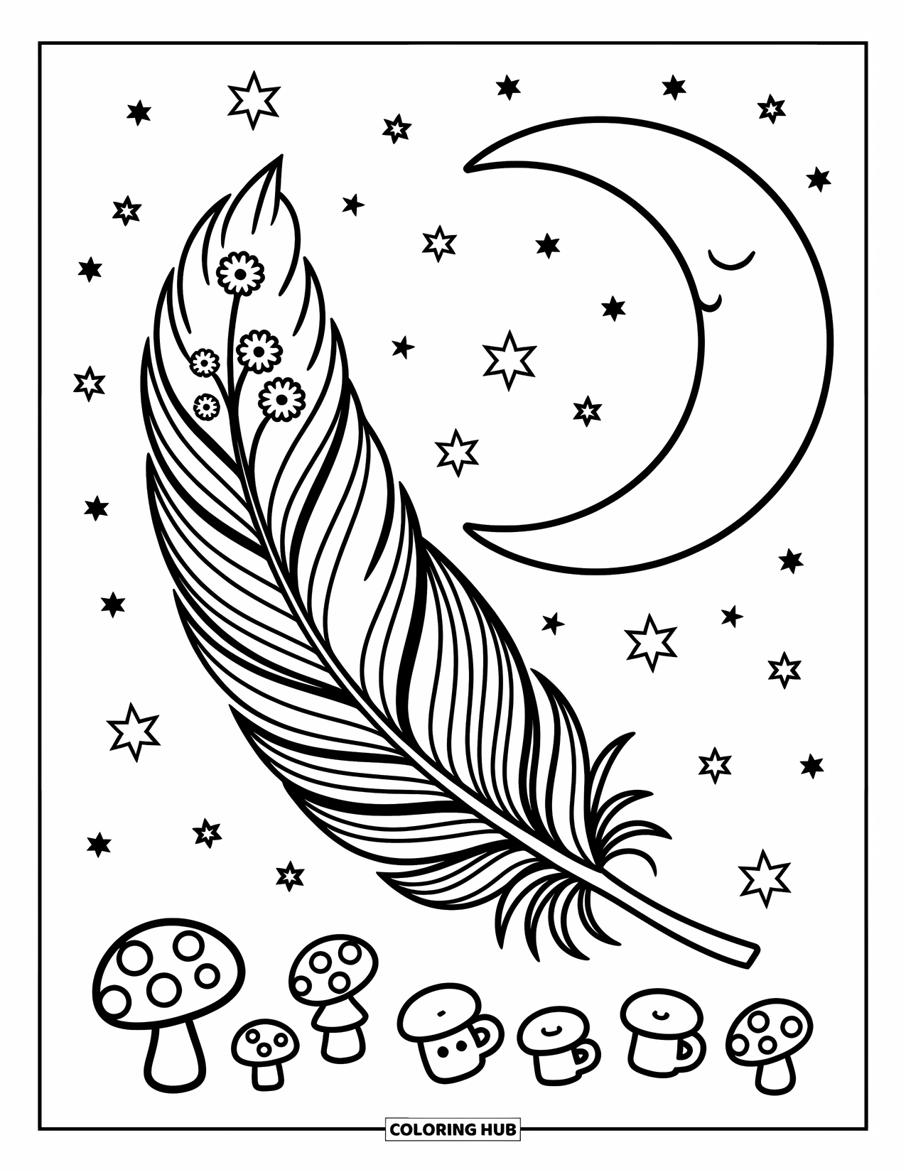 Desenho de pena para colorir para adultos: Uma pena com padrão floral apoiada em uma lua crescente