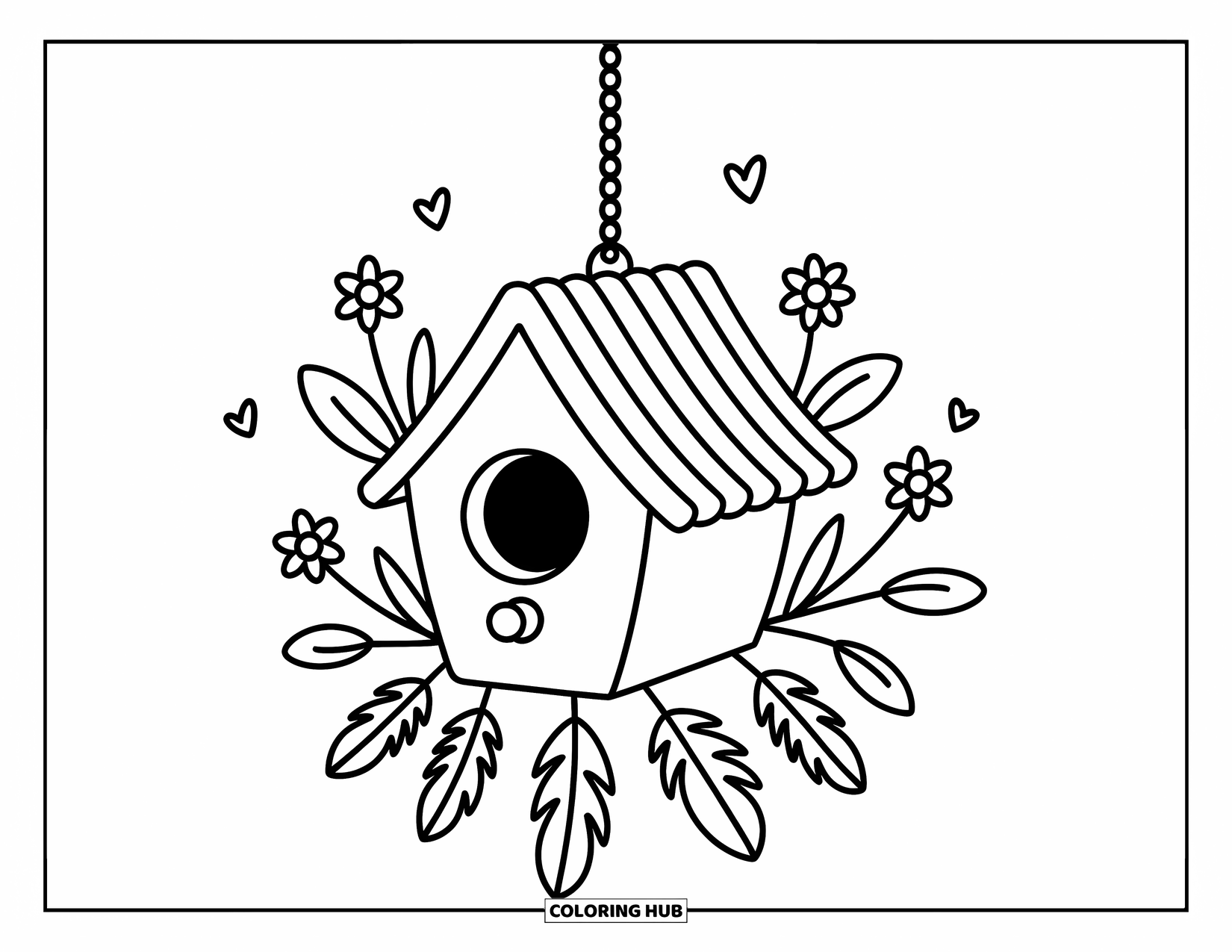Desenho de pena para colorir para adultos: Uma casinha de passarinho kawaii com amuletos de pena e corações flutuantes