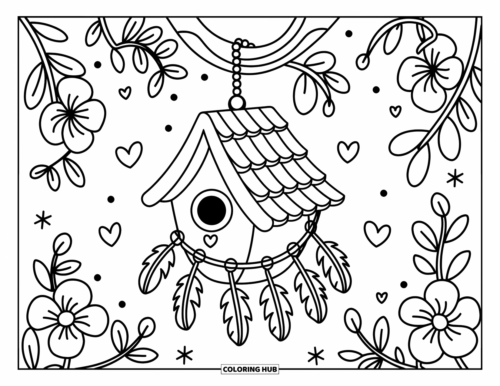 Desenho de pena para colorir para adultos: Uma casinha de passarinho kawaii com penas e pequenos corações flutuantes