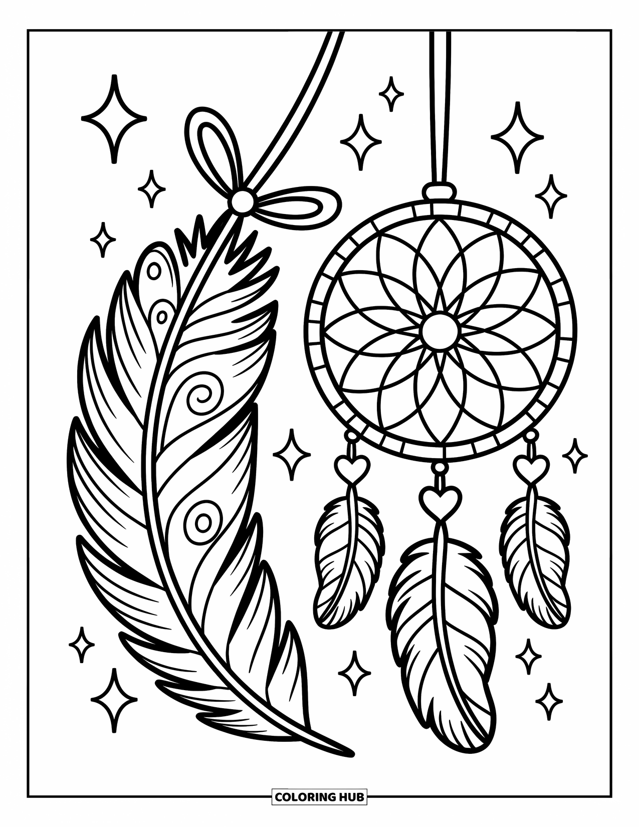 Desenho de pena para colorir para adultos: Uma grande pena com um apanhador de sonhos e amuletos de estrelas suaves