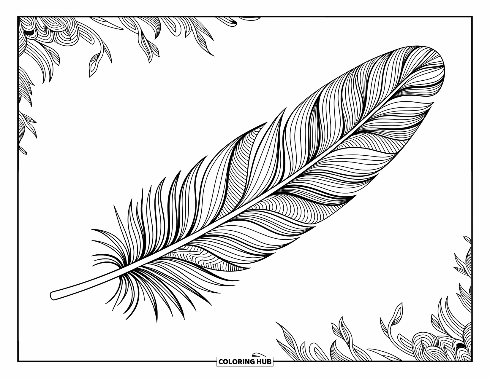 Desenho de pena para colorir para adultos: Uma pena longa com espirais intrincados e designs geométricos