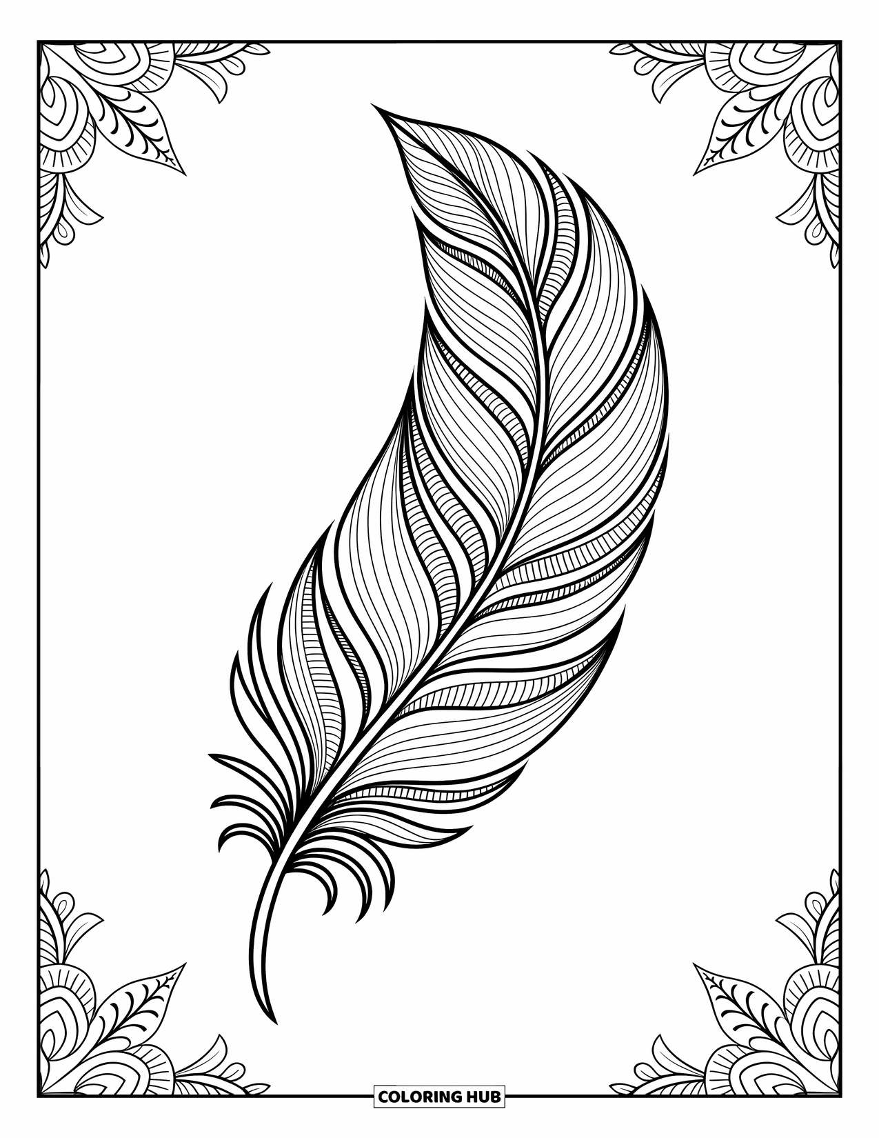 Desenho de pena para colorir para adultos: Uma pena em estilo mandala com linhas finas e uma borda detalhada