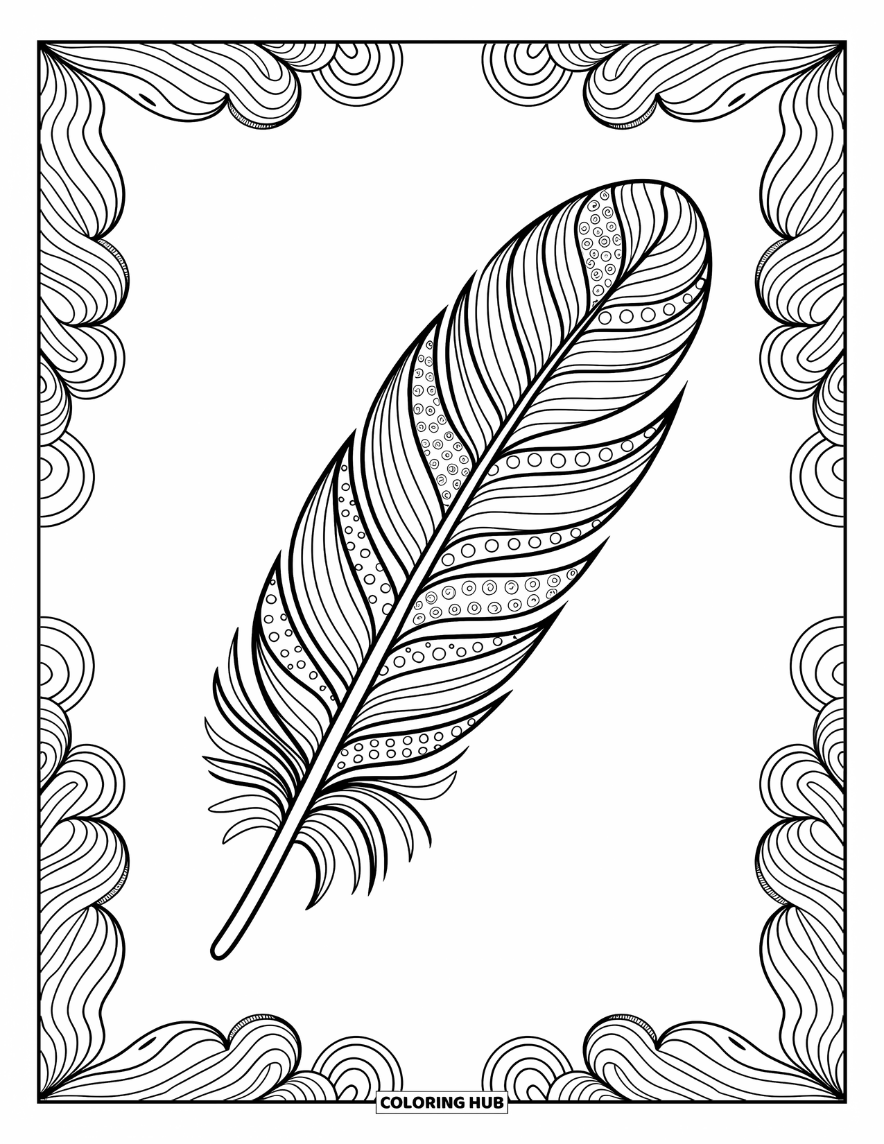 Desenho de pena para colorir para adultos: Uma pena zentangle com curvas e bordas detalhadas